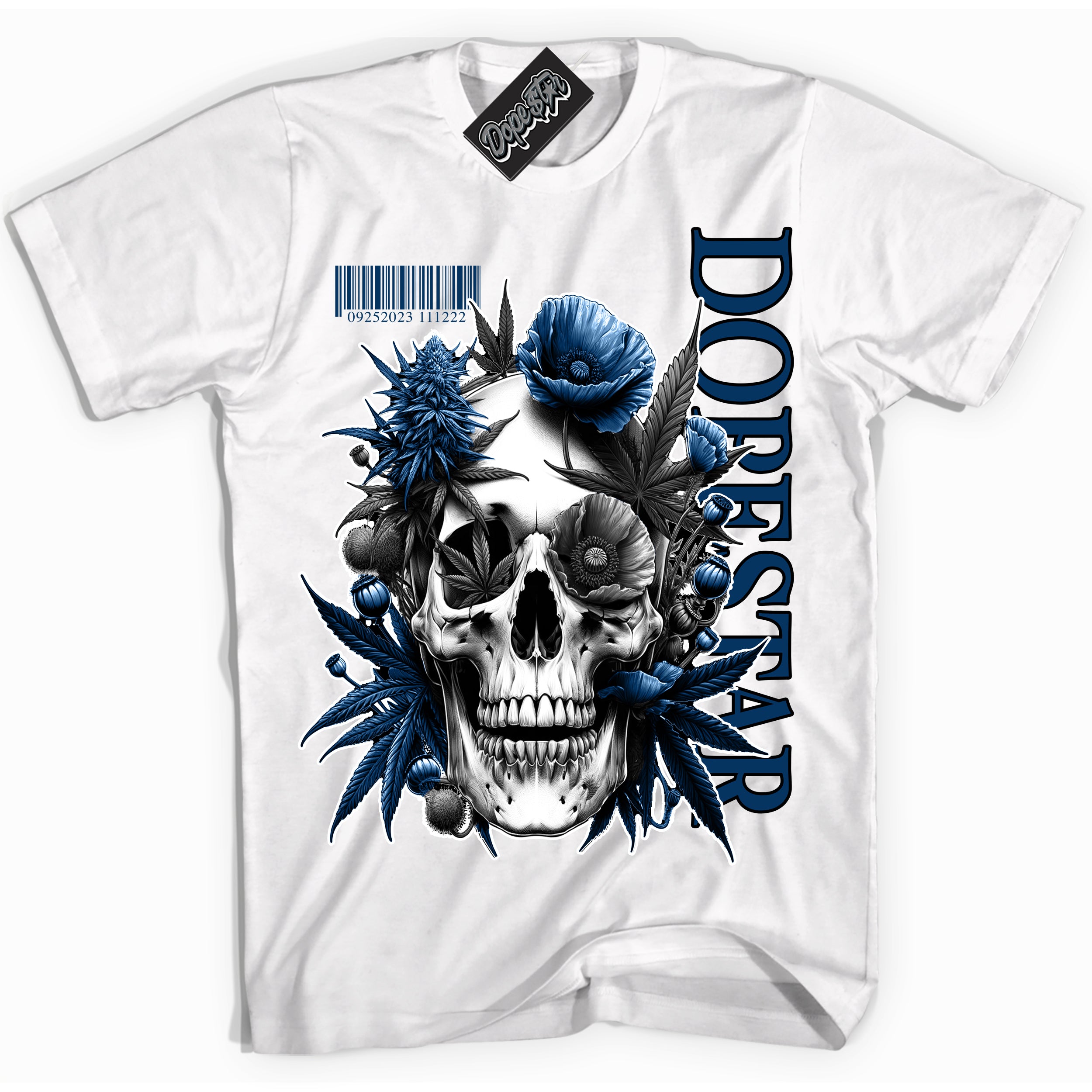 Cool White Shirt with “Skull Poppies” design that perfectly matches the Midnight Navy 1s Jordans.