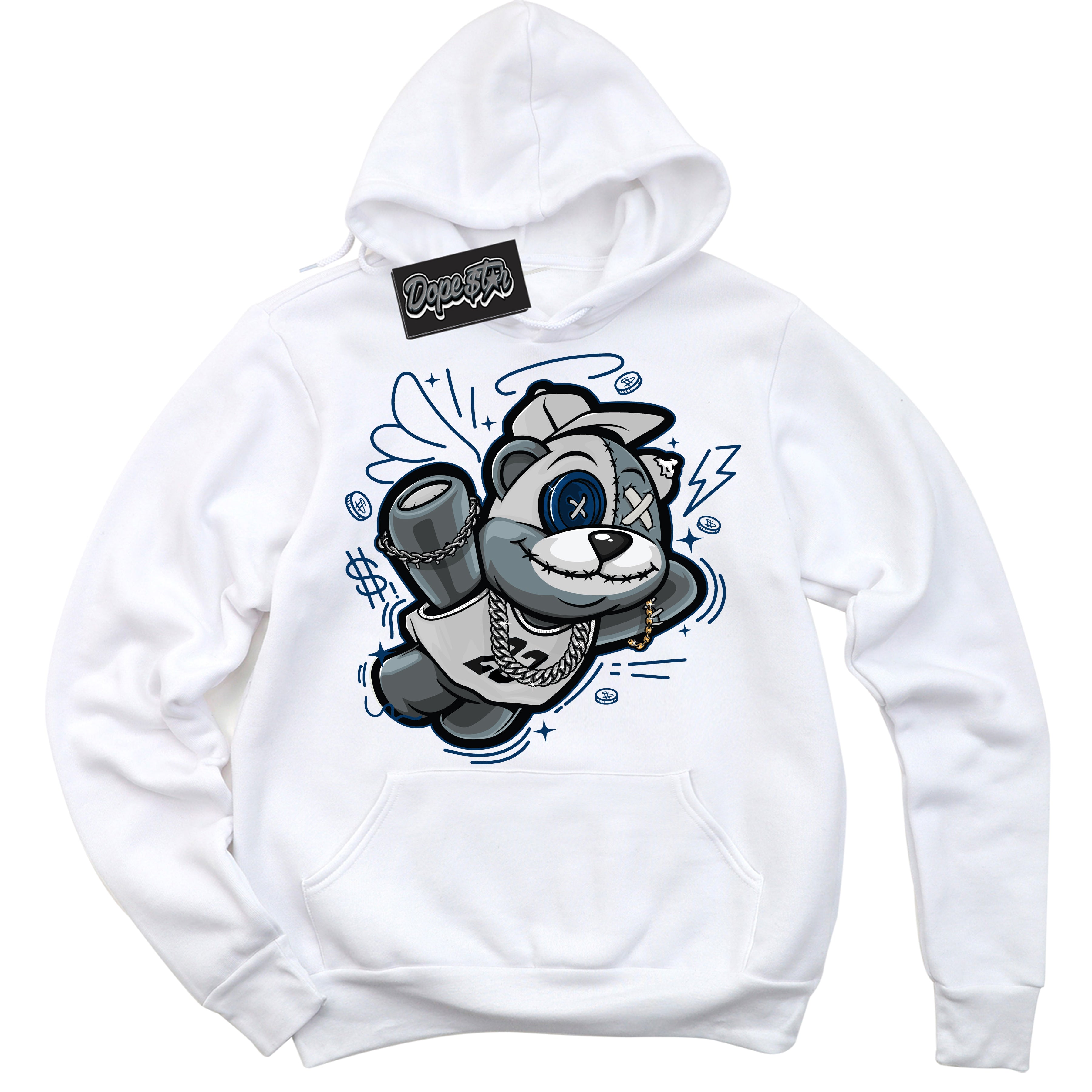 Cool White Hoodie with “Slam Dunk Bear” design that Perfectly Matches Midnight Navy 1s Jordans.