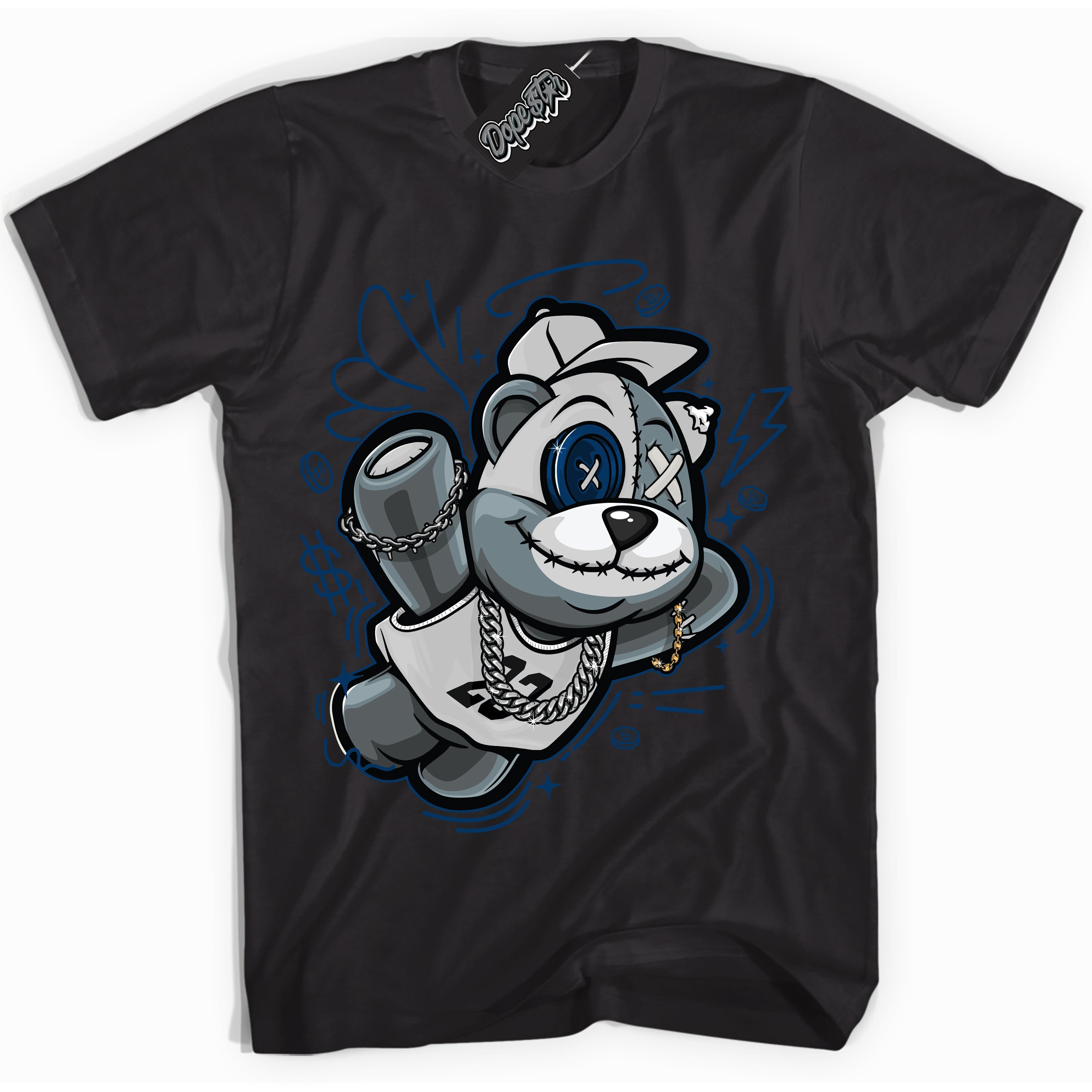 Cool Black Shirt with “Slam Dunk Bear” design that perfectly matches the Midnight Navy 1s Jordans.