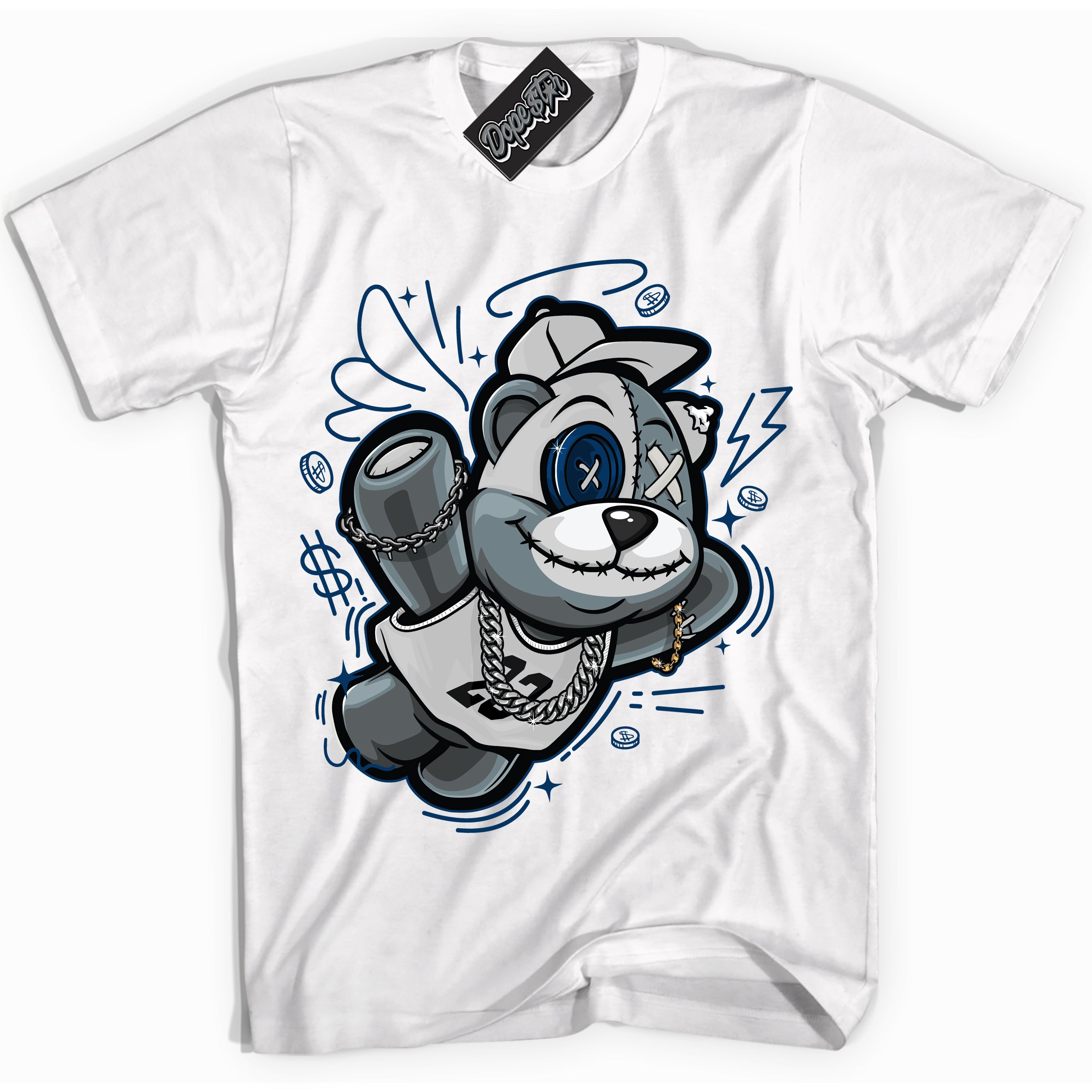 Cool White Shirt with “Slam Dunk Bear” design that perfectly matches the Midnight Navy 1s Jordans.