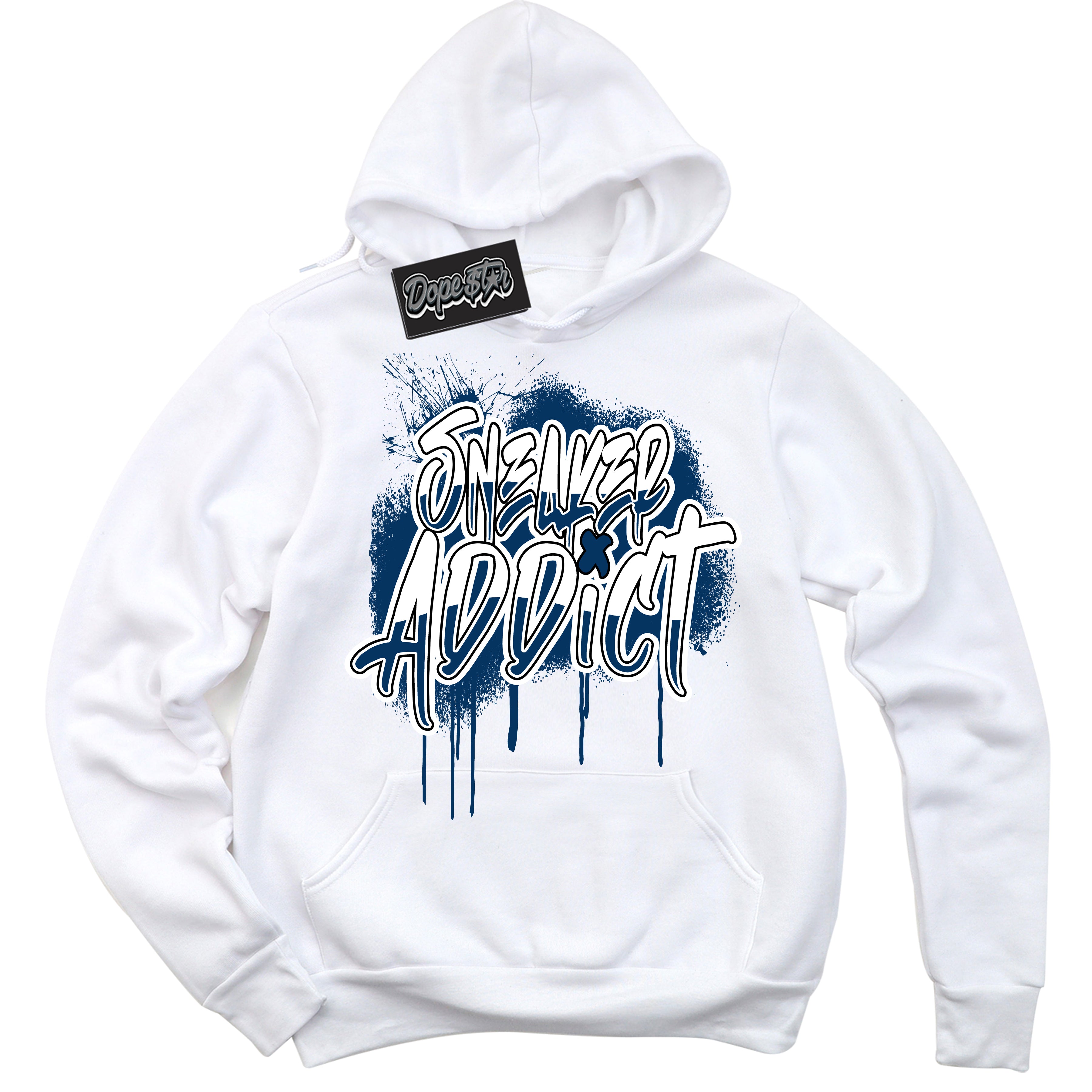 Cool White Hoodie with “Sneaker Addict” design that Perfectly Matches Midnight Navy 1s Jordans.