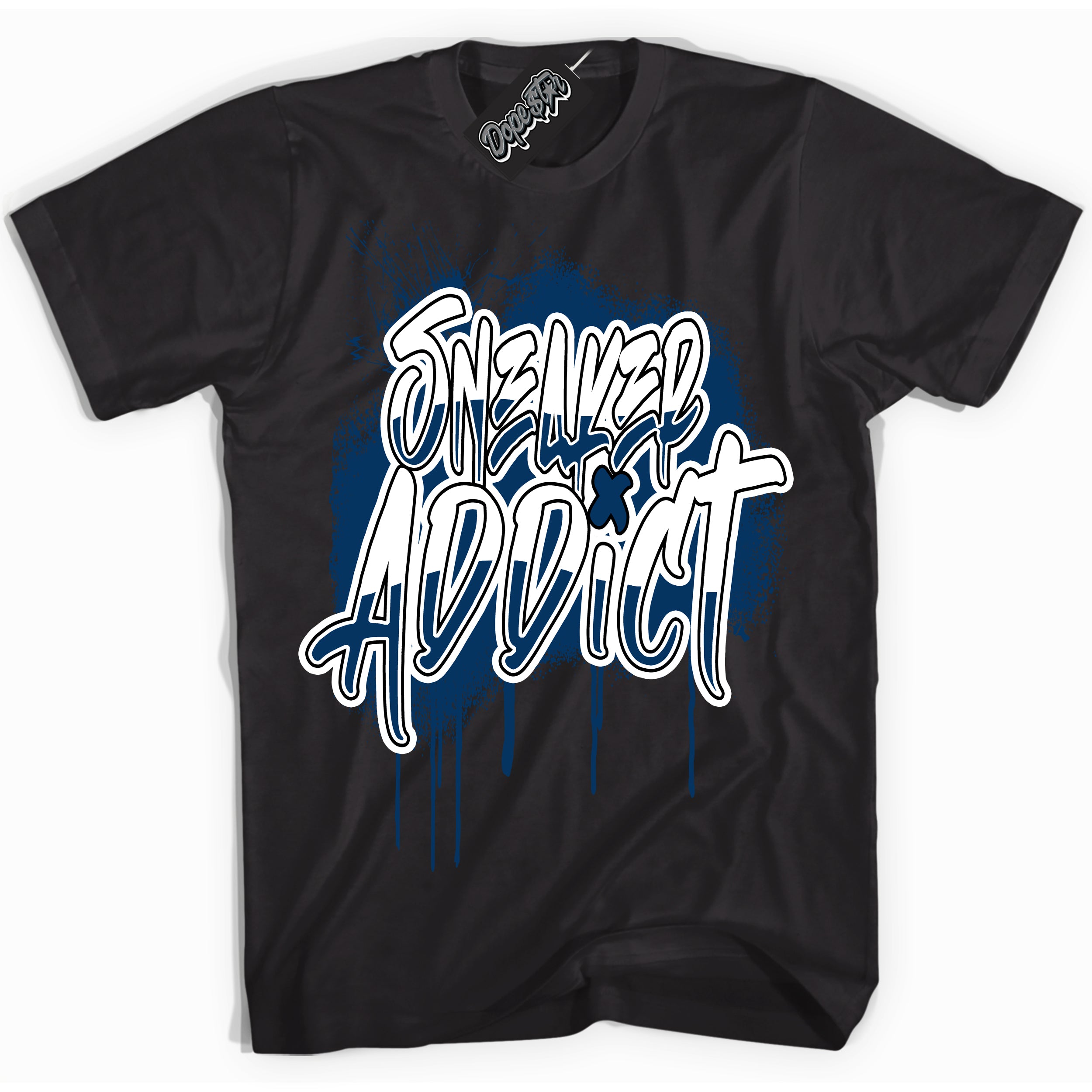 Cool Black Shirt with “Sneaker Addict” design that perfectly matches the Midnight Navy 1s Jordans.