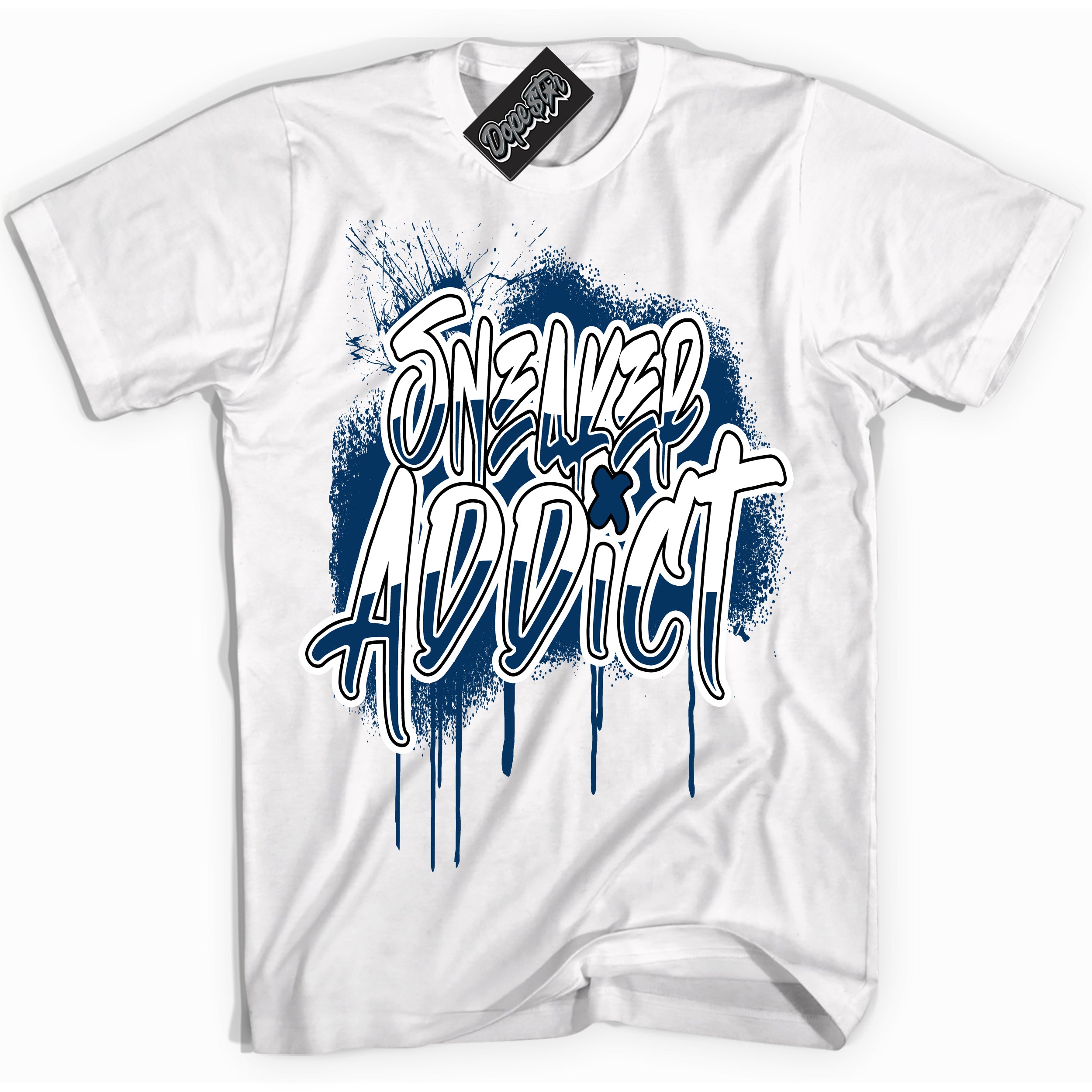 Cool White Shirt with “Sneaker Addict” design that perfectly matches the Midnight Navy 1s Jordans.