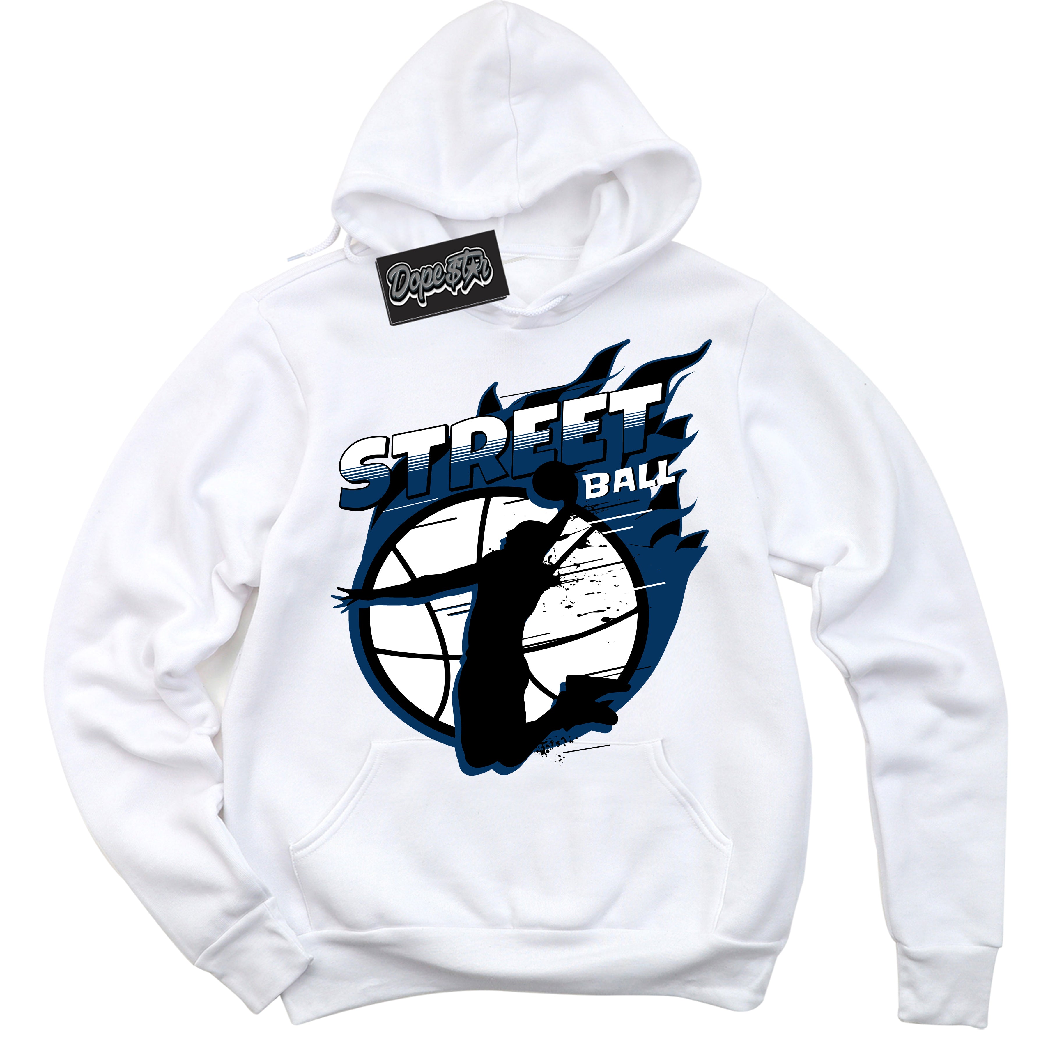 Cool White Hoodie with “Street Ball” design that Perfectly Matches Midnight Navy 1s Jordans.