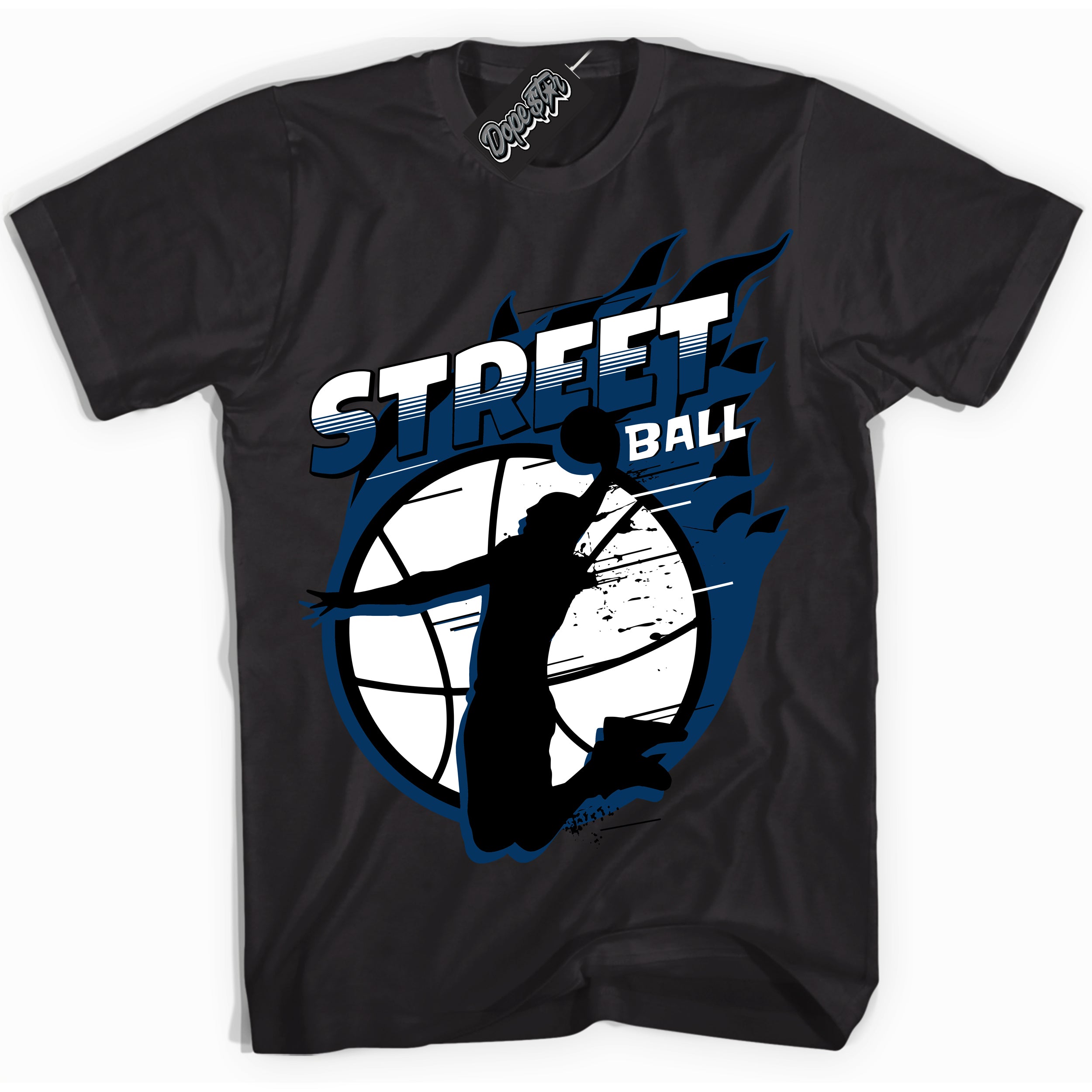 Cool Black Shirt with “Street Ball” design that perfectly matches the Midnight Navy 1s Jordans.