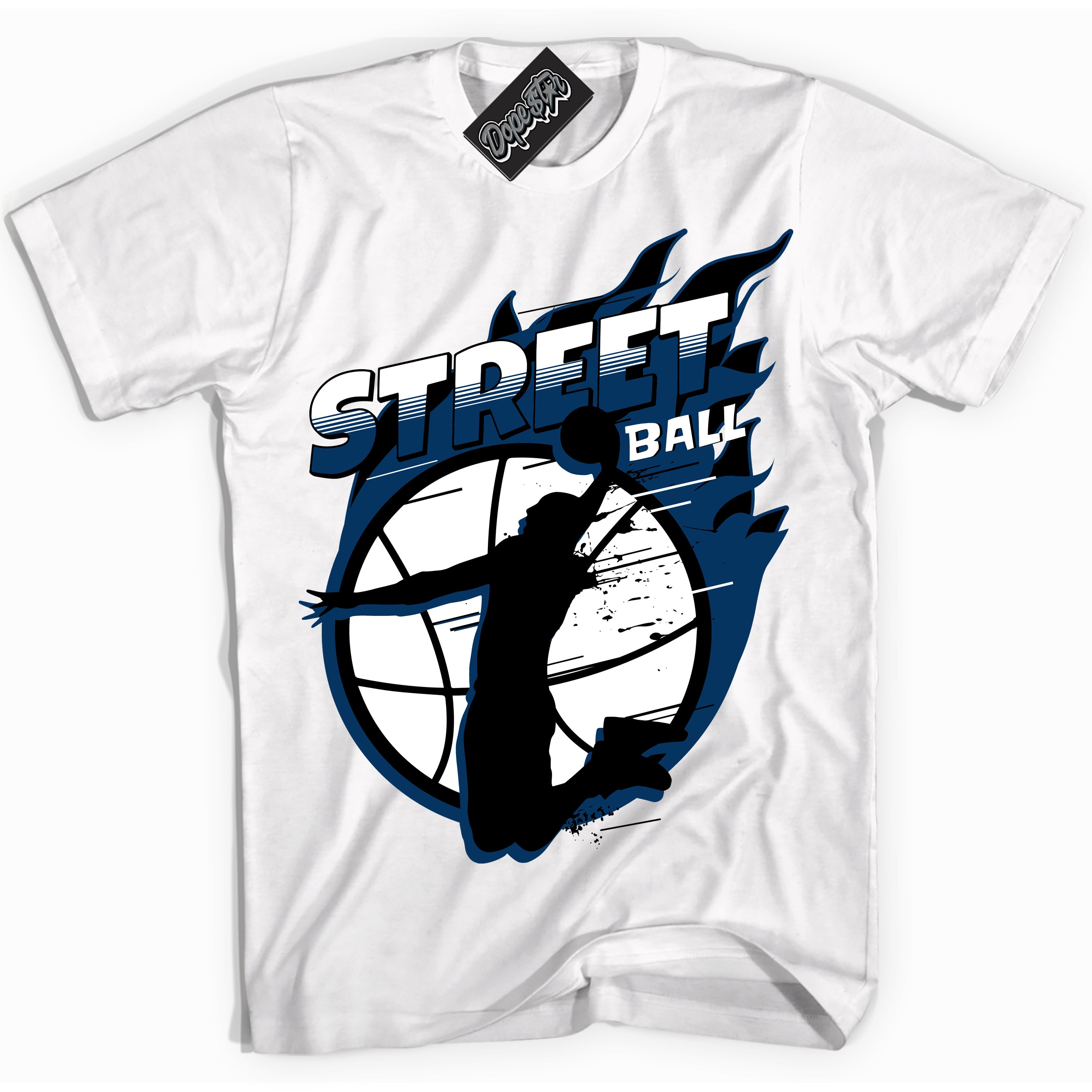 Cool White Shirt with “Street Ball” design that perfectly matches the Midnight Navy 1s Jordans.