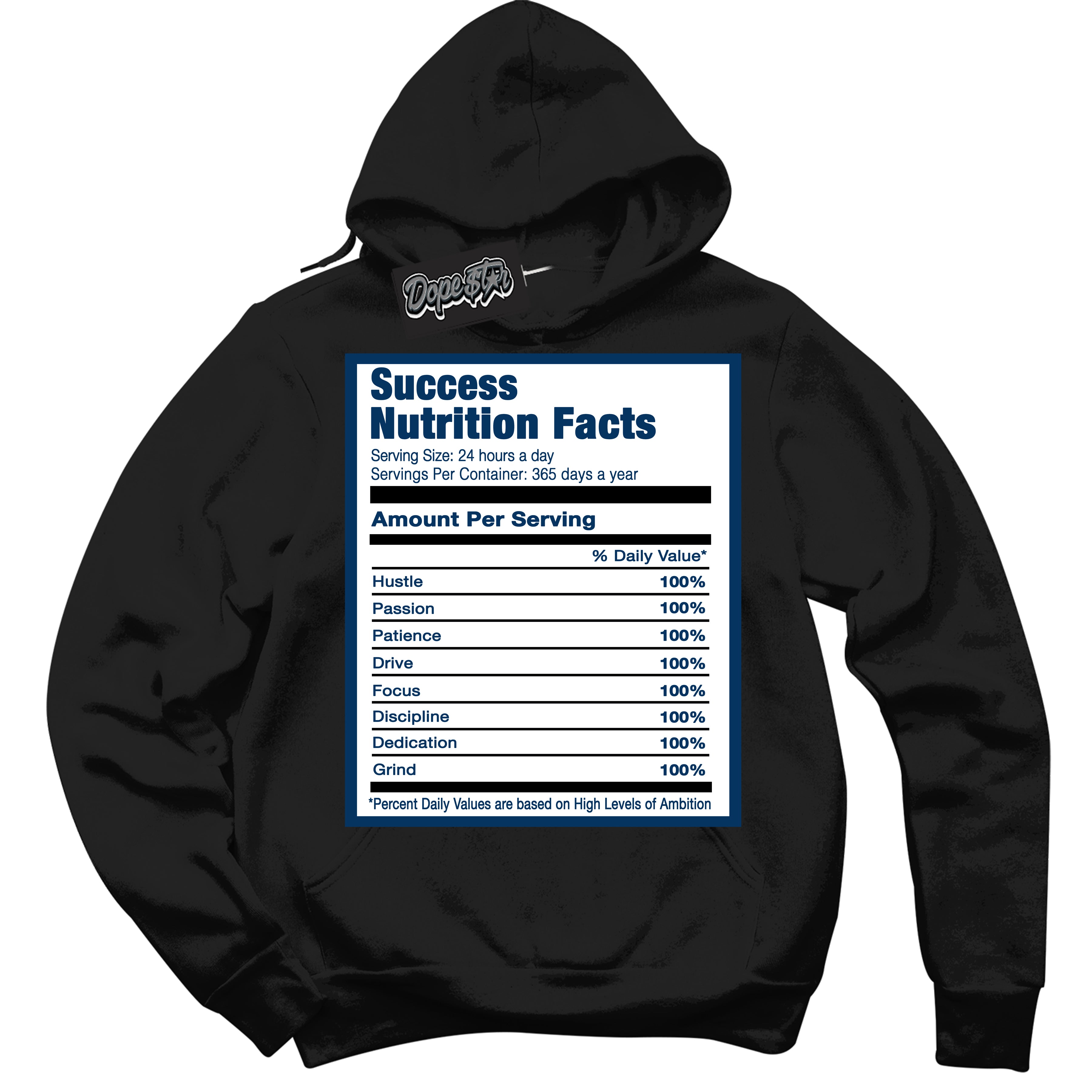 Cool Black Hoodie with “Success Nutrition” design that Perfectly Matches Midnight Navy 1s Jordans.