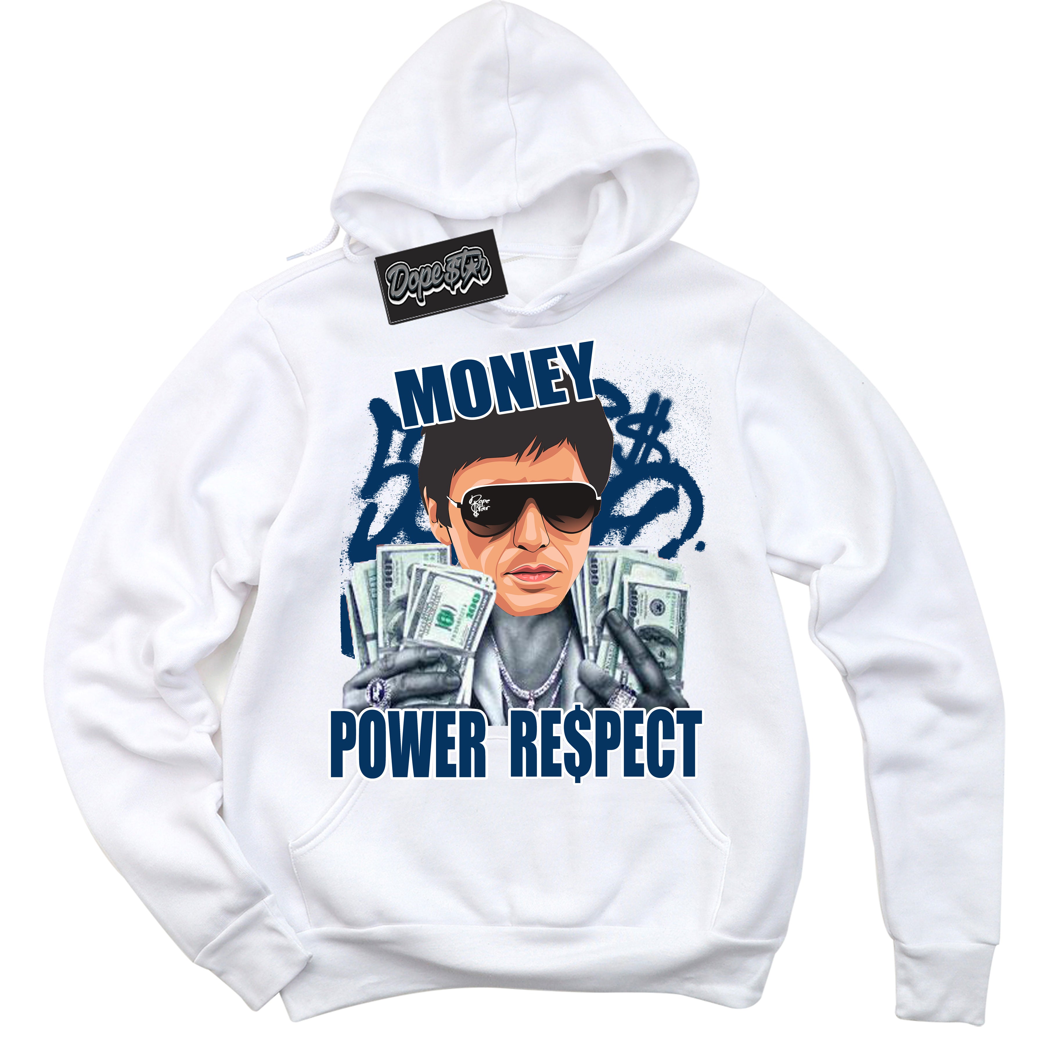 Cool White Hoodie with “Tony Montana” design that Perfectly Matches Midnight Navy 1s Jordans.