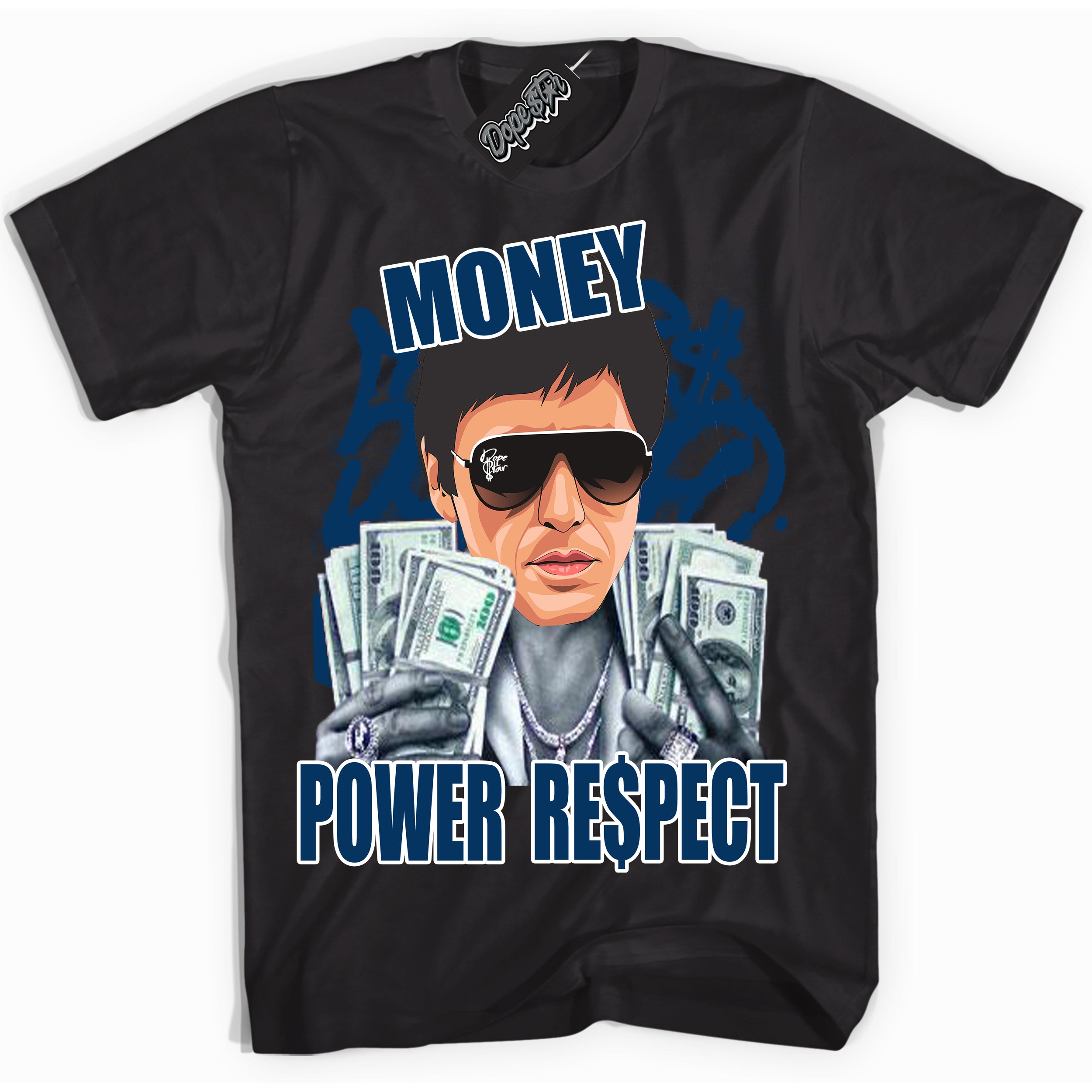 Cool Black Shirt with “Tony Montana” design that perfectly matches the Midnight Navy 1s Jordans.