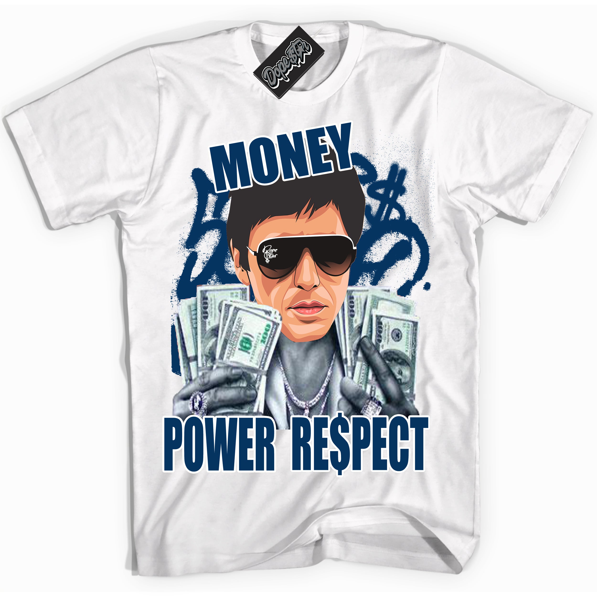 Cool White Shirt with “Tony Montana” design that perfectly matches the Midnight Navy 1s Jordans.