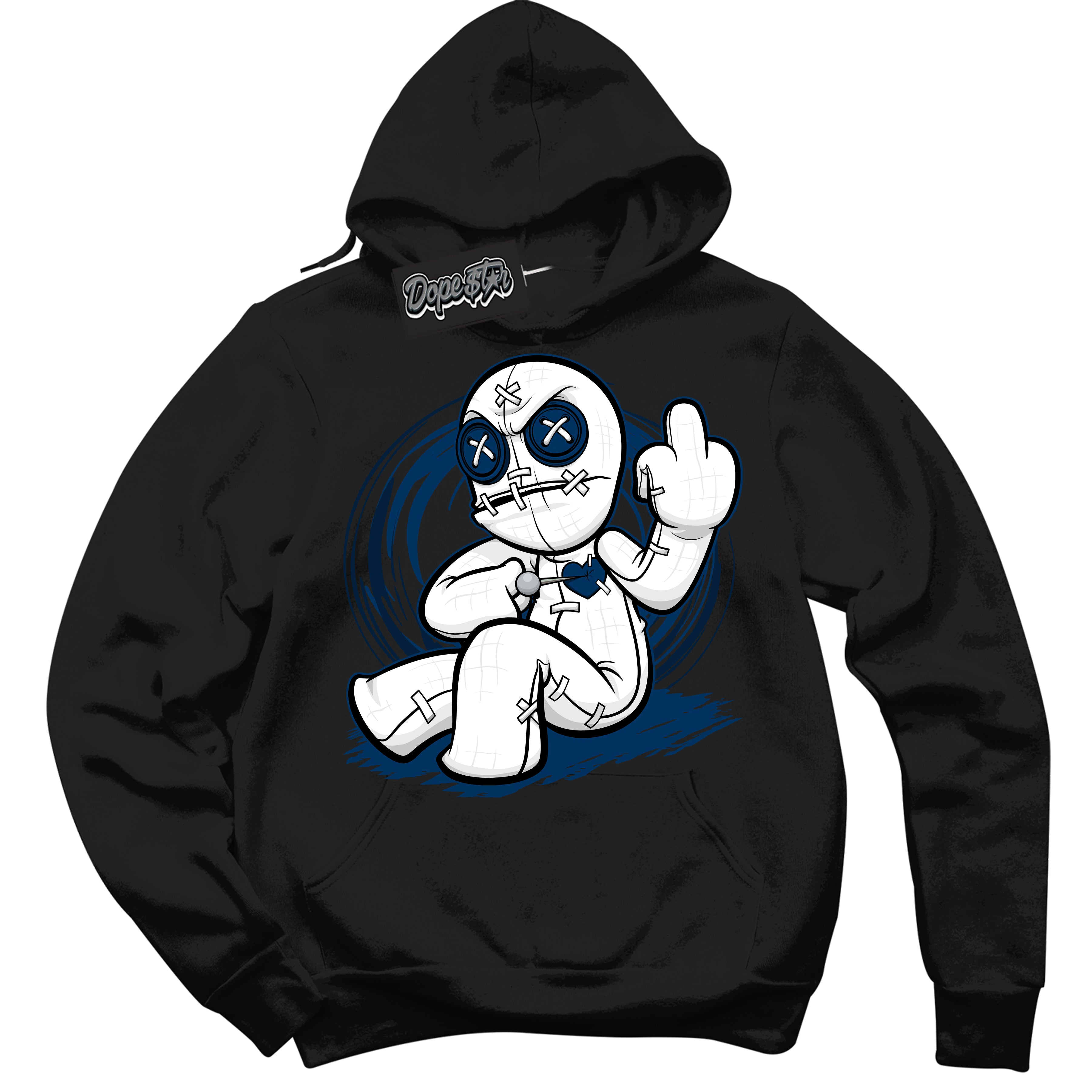 Cool Black Hoodie with “Voodoo Doll” design that Perfectly Matches Midnight Navy 1s Jordans.