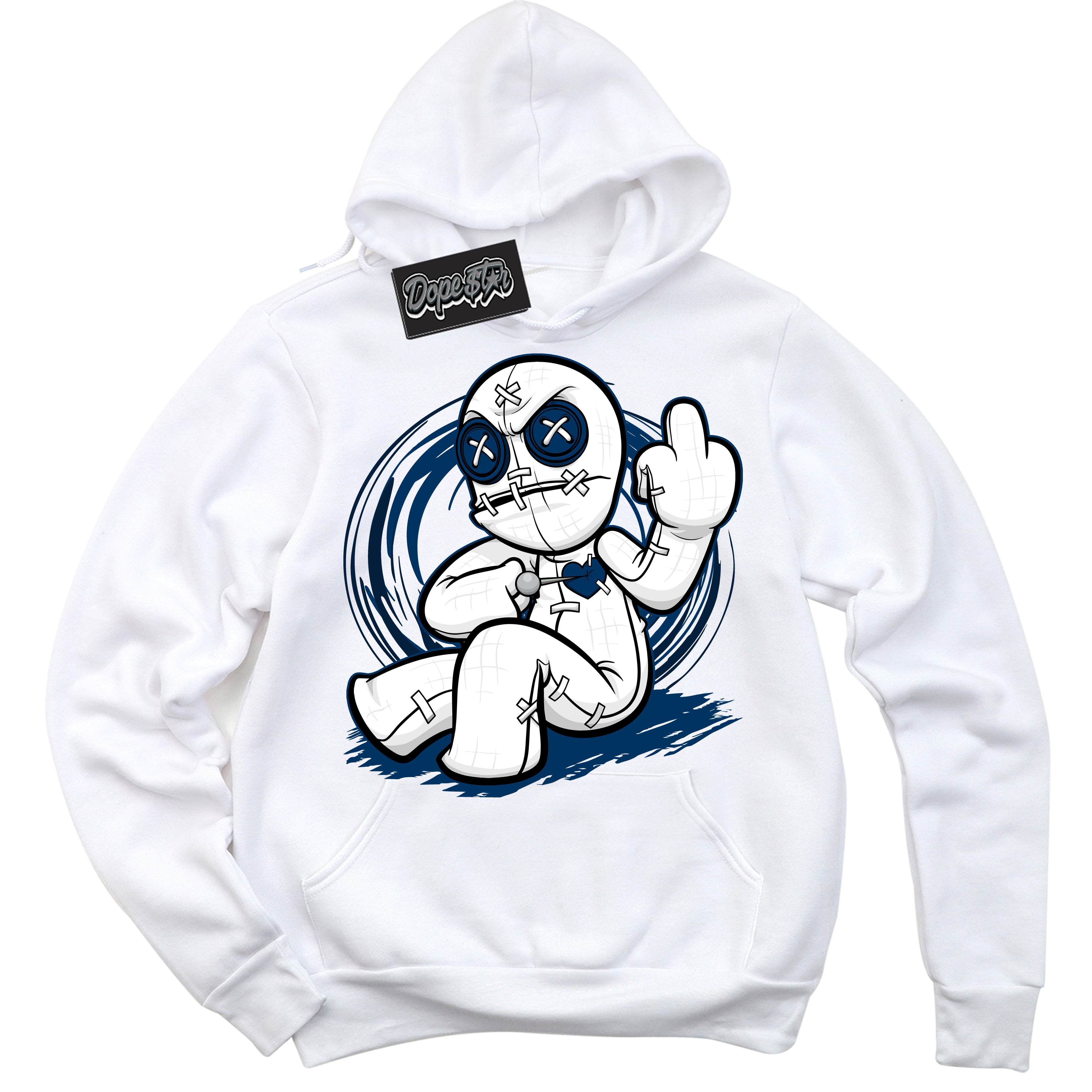 Cool White Hoodie with “Voodoo Doll” design that Perfectly Matches Midnight Navy 1s Jordans.