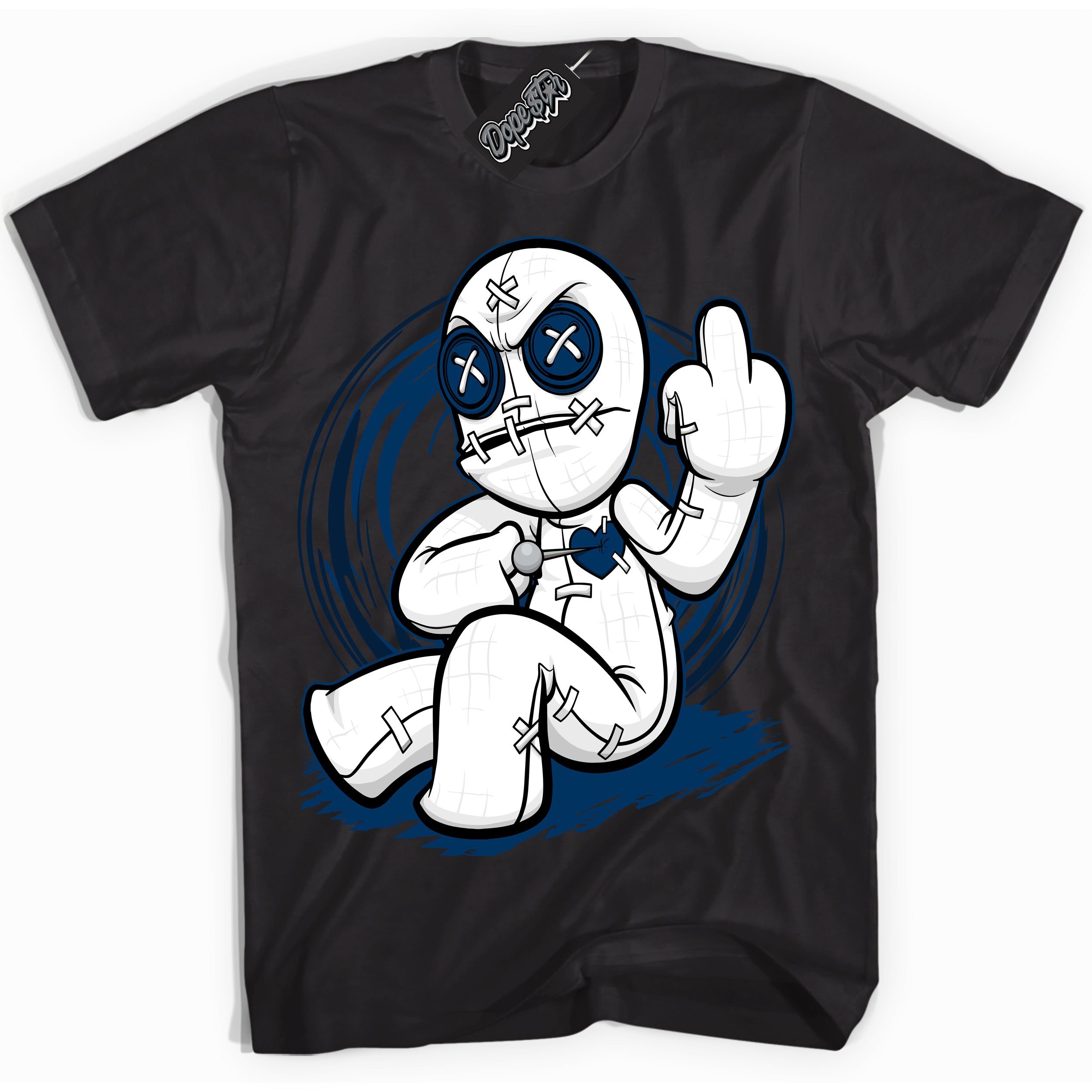 Cool Black Hoodie with “Voodoo Doll” design that Perfectly Matches Midnight Navy 1s Jordans.