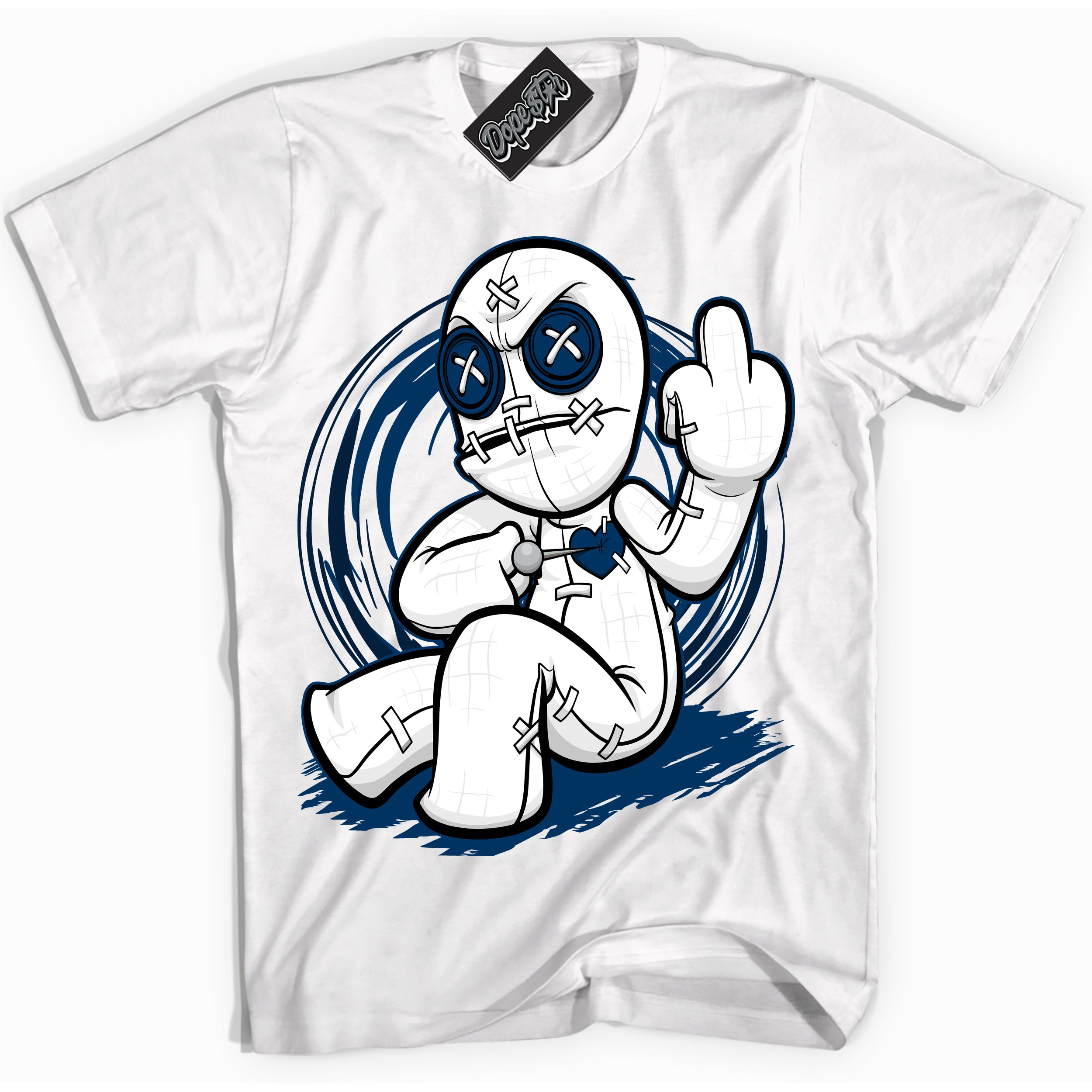 Cool White Hoodie with “Voodoo Doll” design that Perfectly Matches Midnight Navy 1s Jordans.