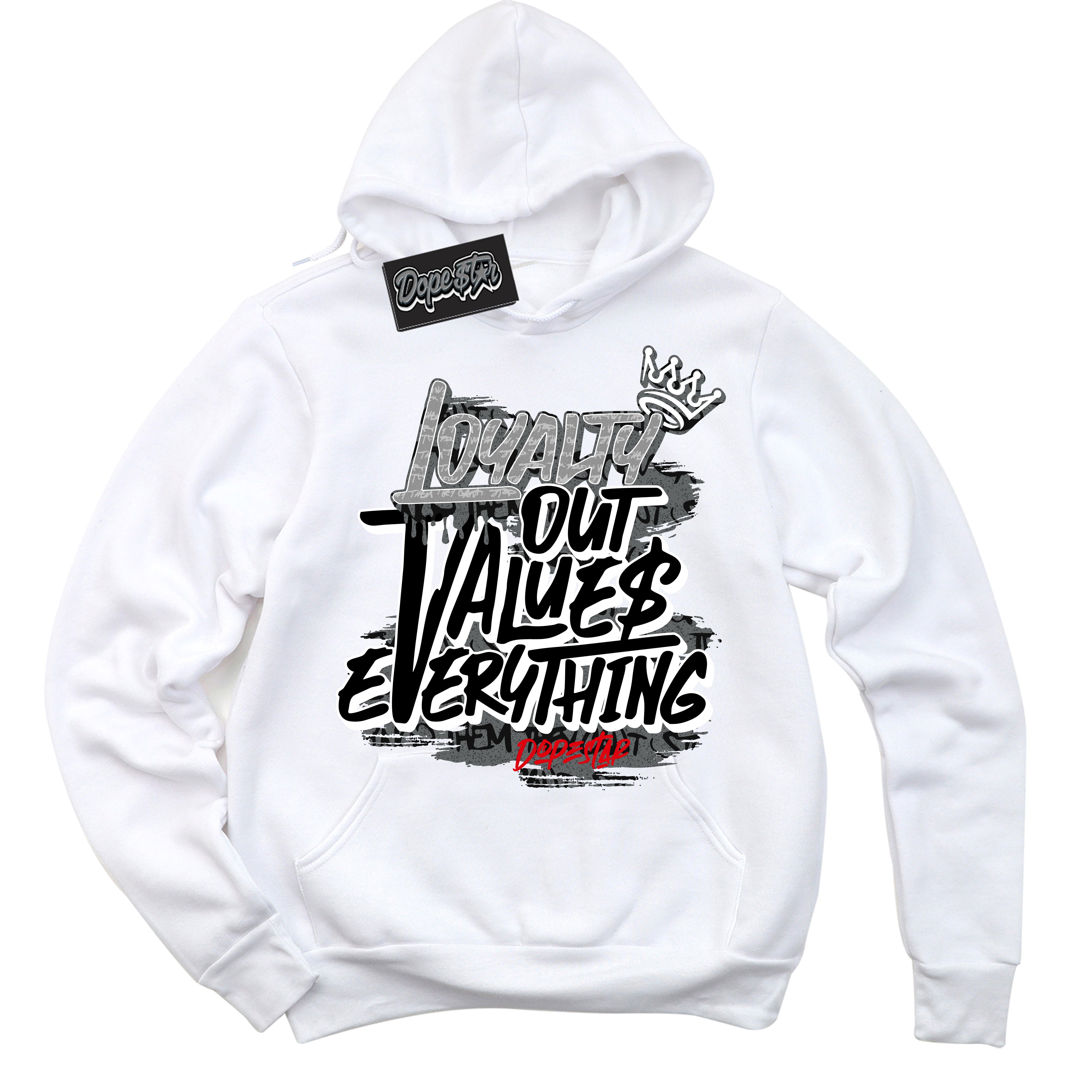 Cool White Hoodie with “ Loyalty Out Values Everything ”  design that Perfectly Matches Rebellionaire 1s Sneakers.