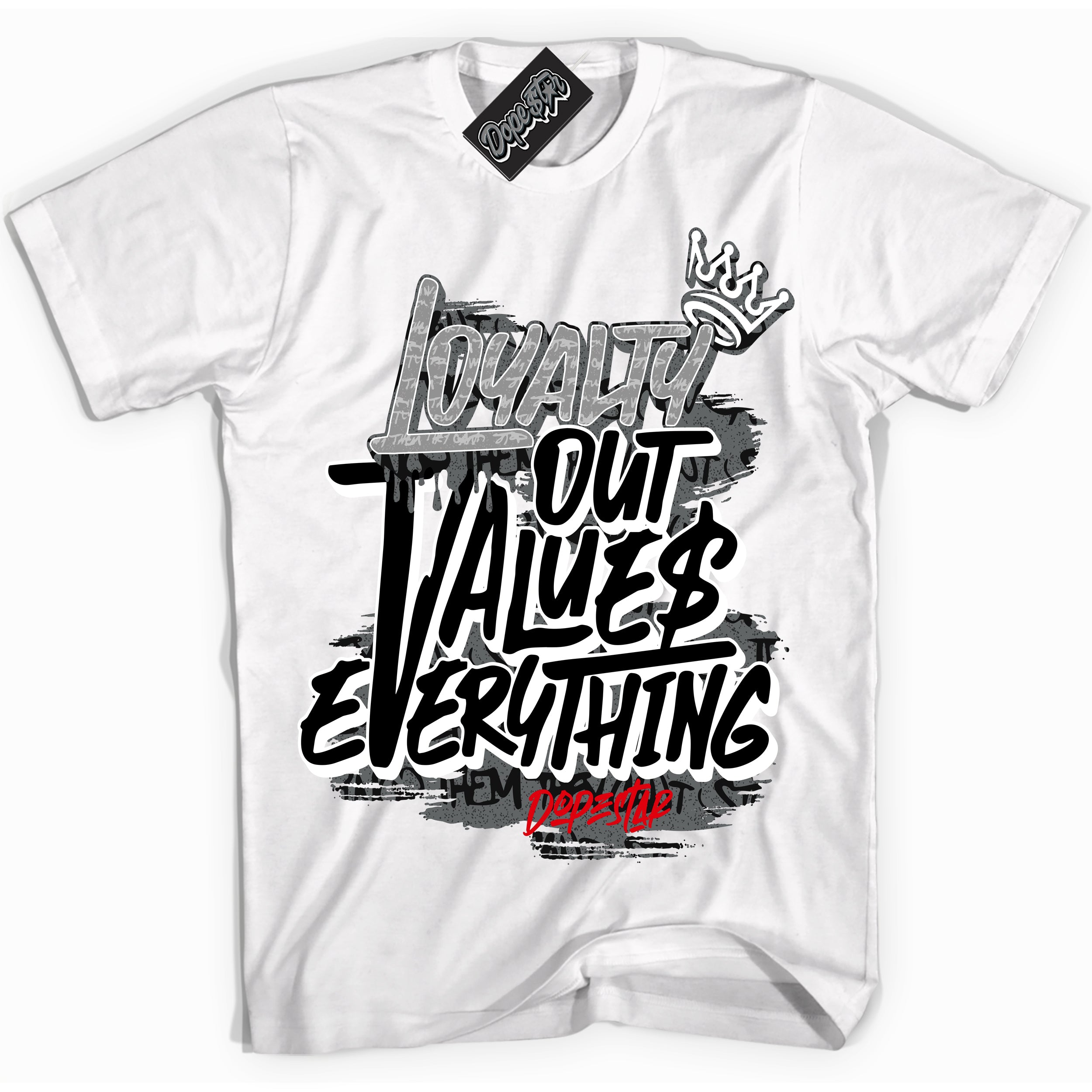 Cool White Shirt with “ Loyalty Out Values Everything” design that perfectly matches Rebellionaire 1s Sneakers.