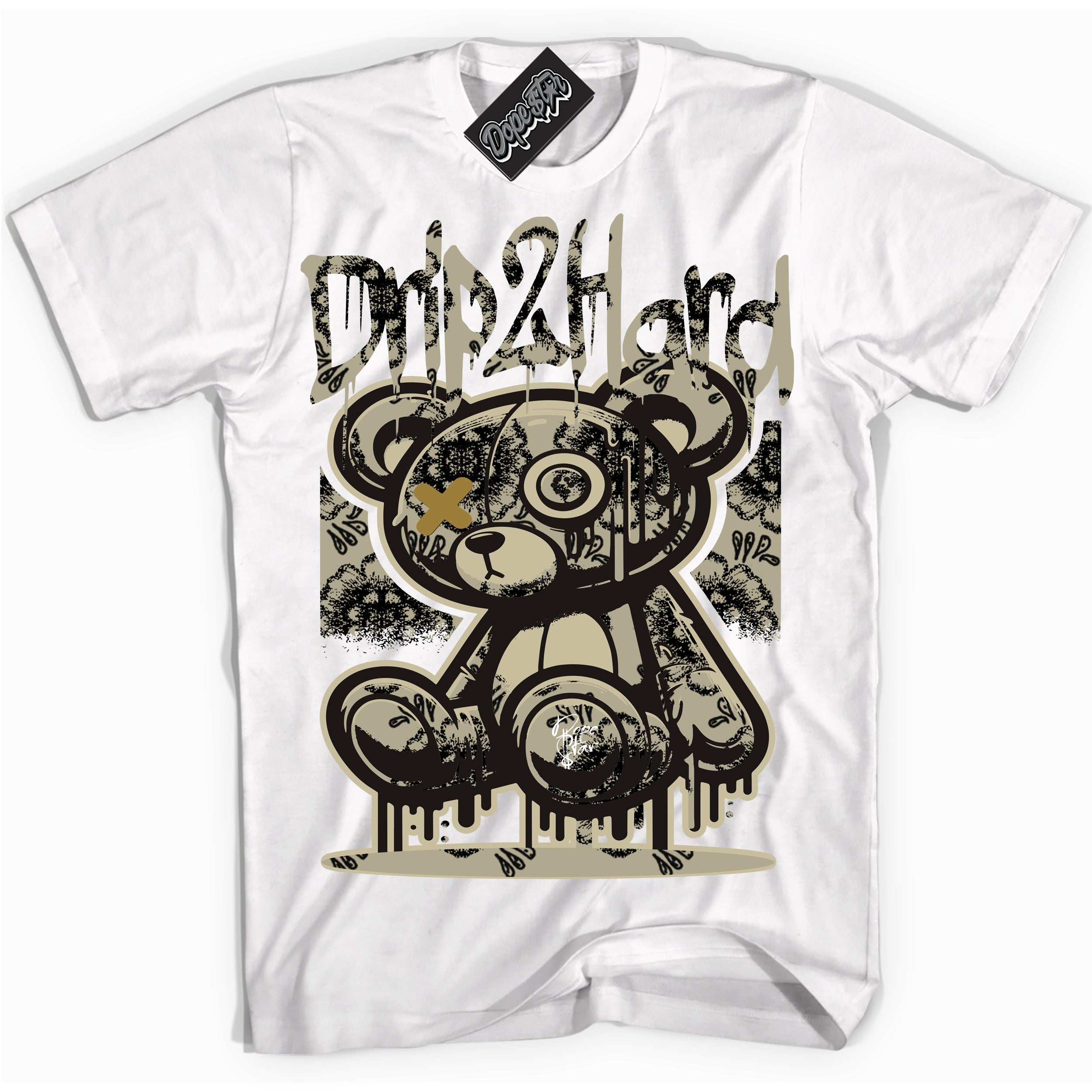 Cool White graphic tee with “ Drip 2 Hard ” design, that perfectly matches Día de Muertos 1s 