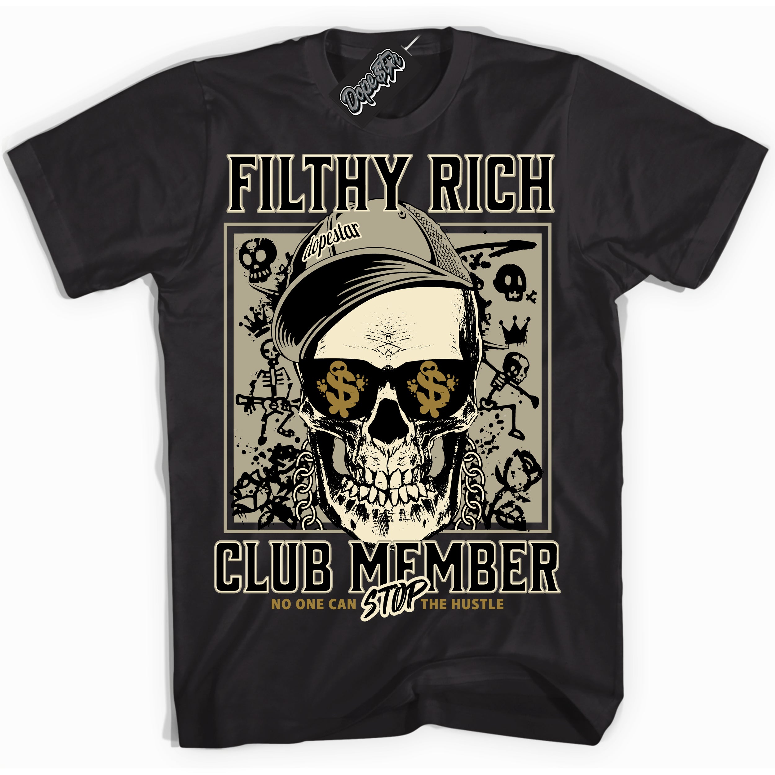 Cool Black Shirt with “ Filthy Rich” design that perfectly matches Dia De Muertos 1s Sneakers.