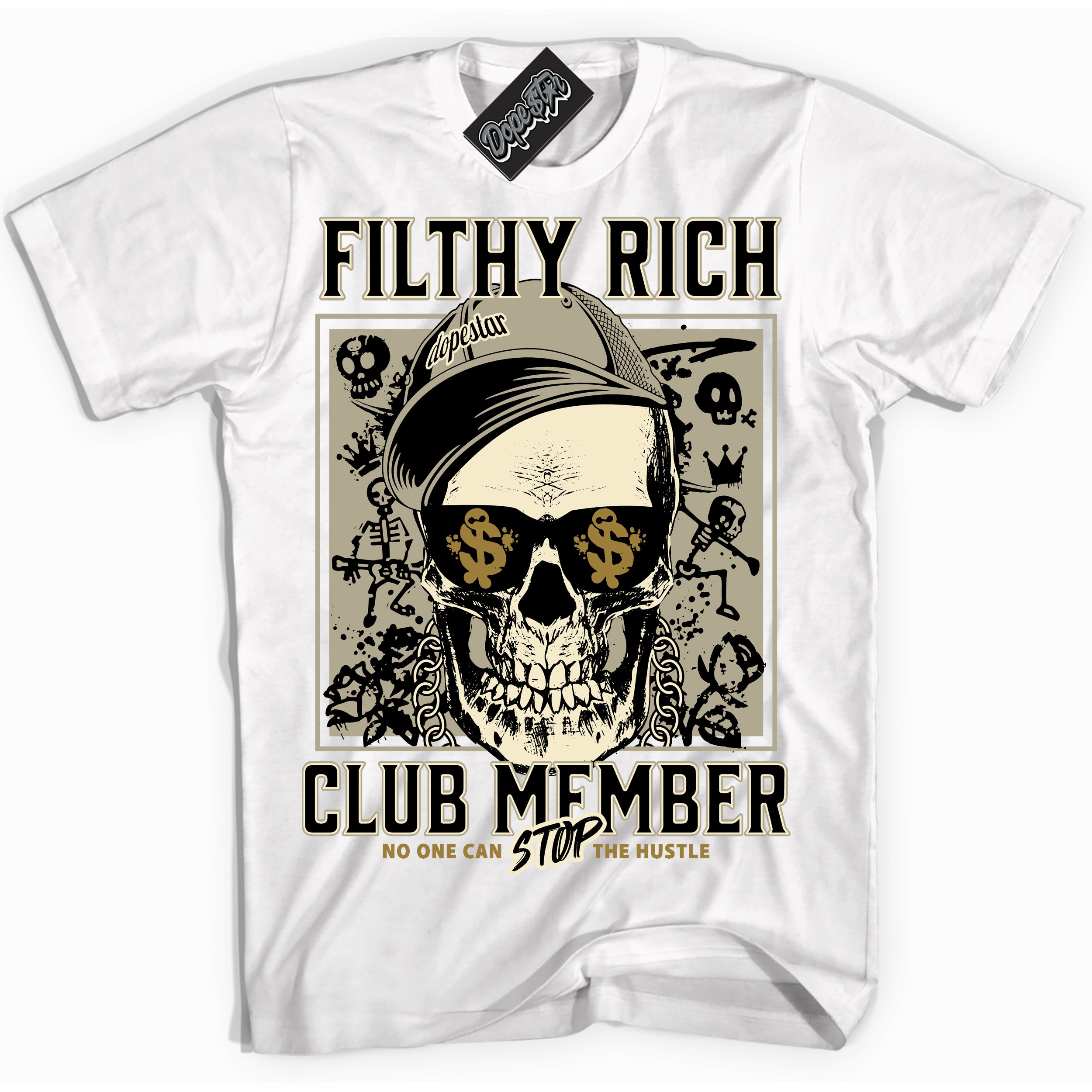 Cool White Shirt with “ Filthy Rich” design that perfectly matches Dia De Muertos 1s Sneakers.