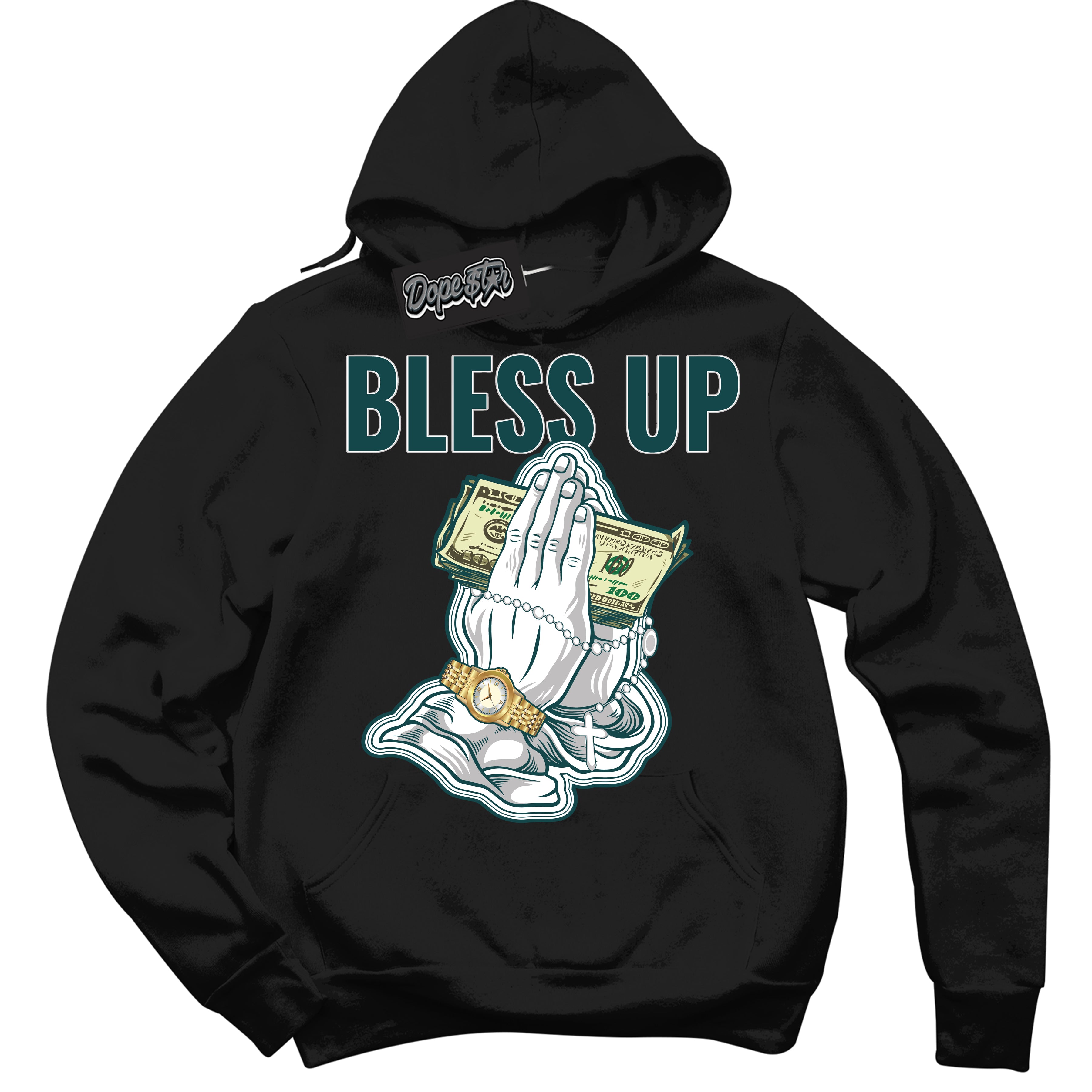 Cool Black Hoodie with “Bless Up” design that Perfectly Matches Oxidized Green 1s Jordans.