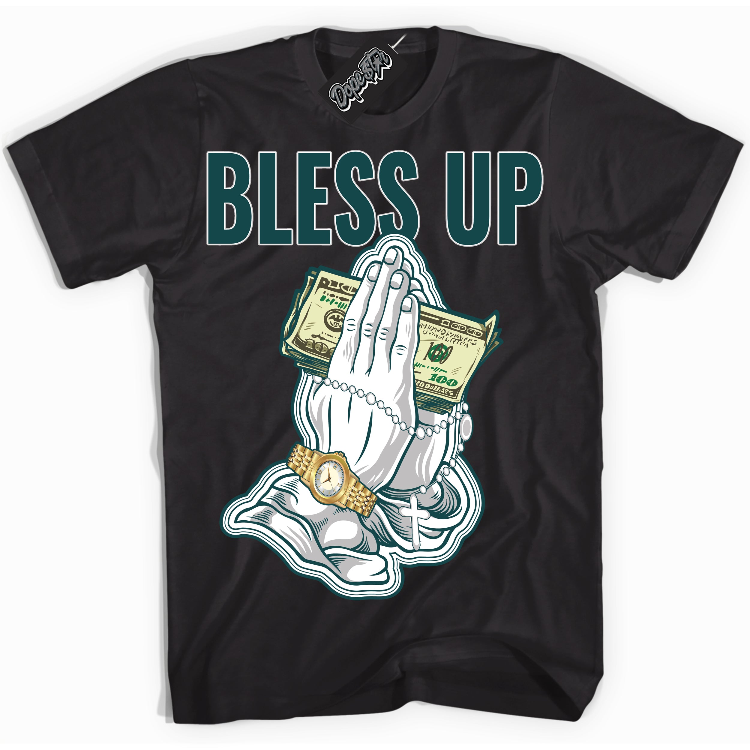 Cool Black Shirt with “Bless Up” design that perfectly matches the Oxidized Green 1s Jordans.