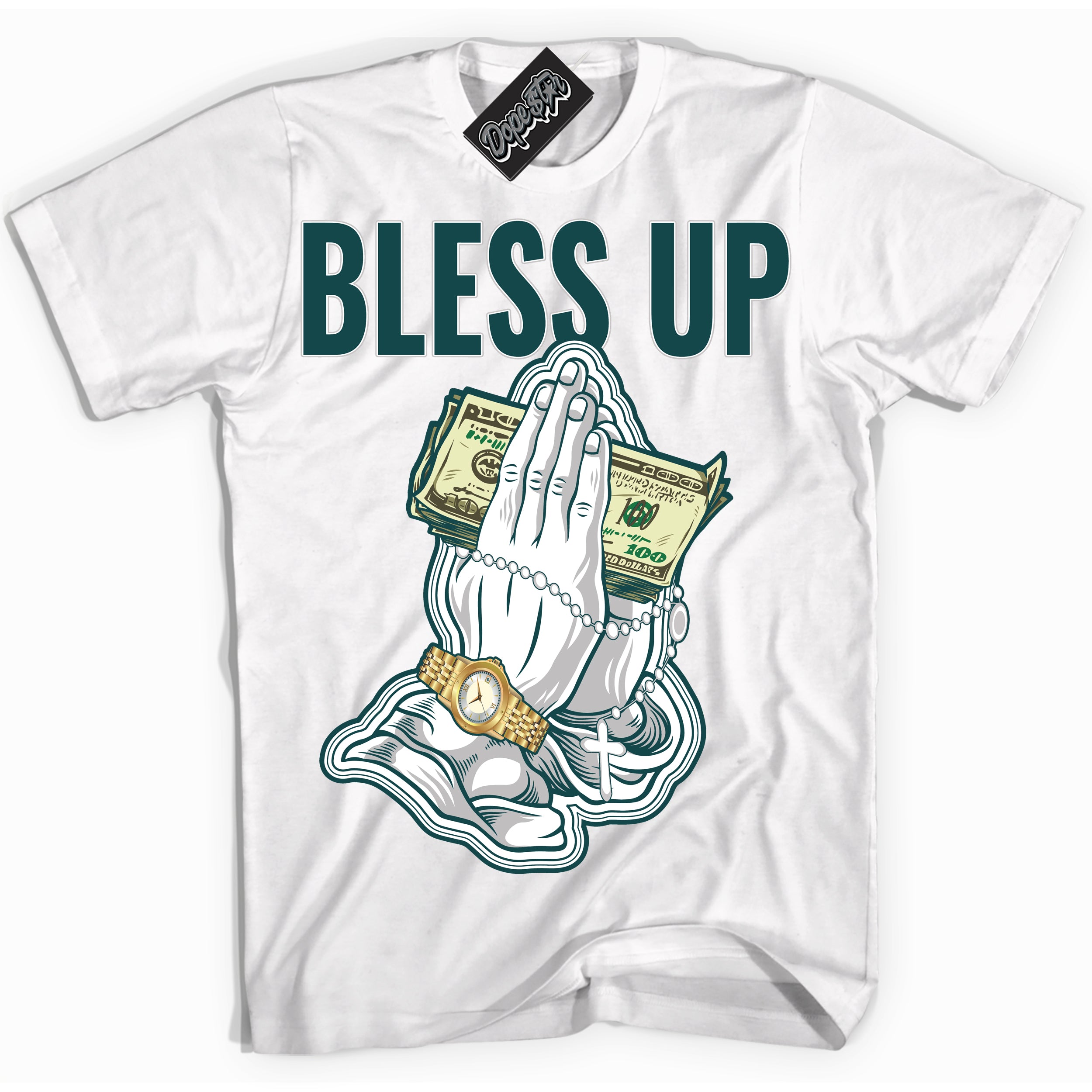 Cool White Shirt with “Bless Up” design that perfectly matches the Oxidized Green 1s Jordans.