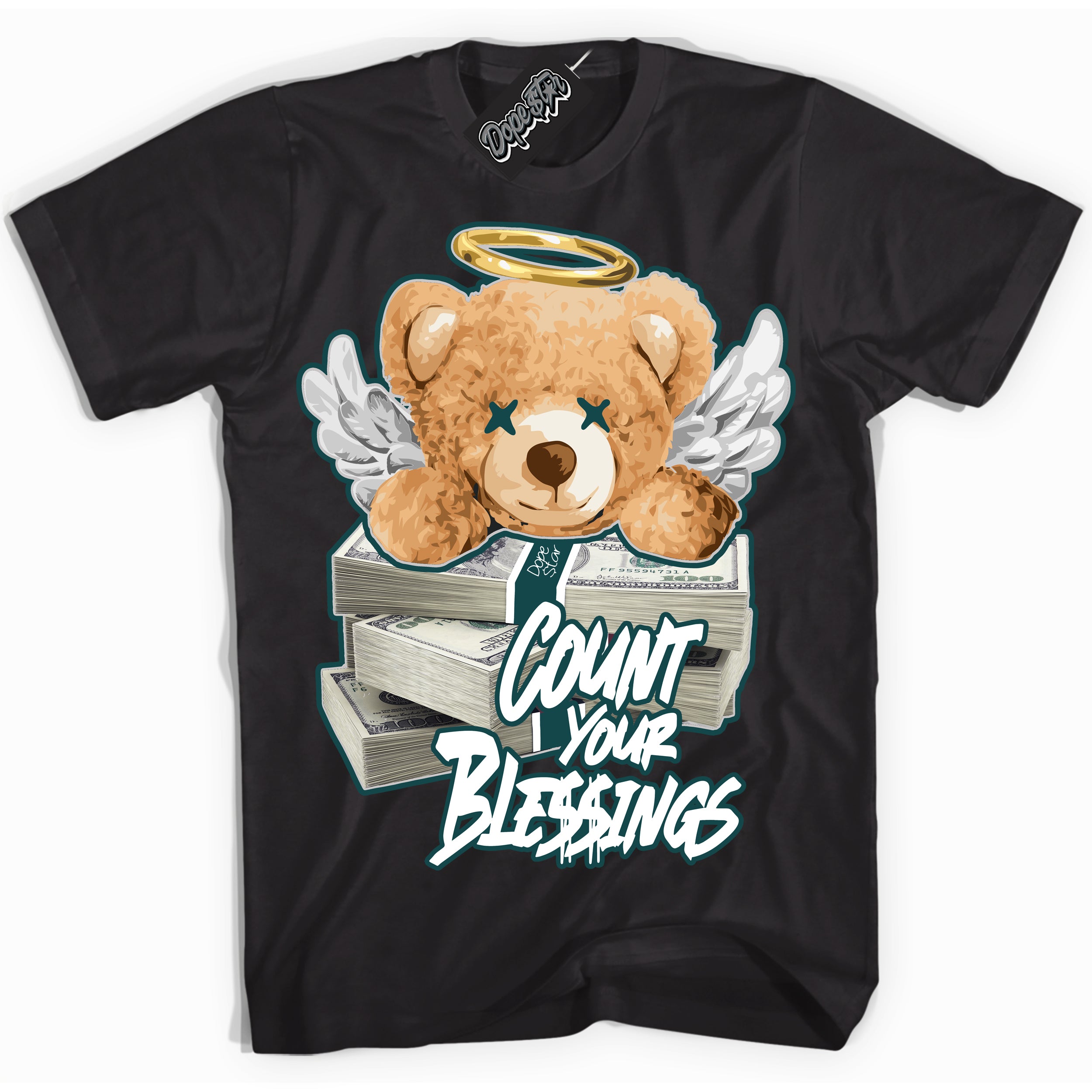 Cool Black Shirt with “Count Your Blessings” design that perfectly matches the Oxidized Green 1s Jordans.