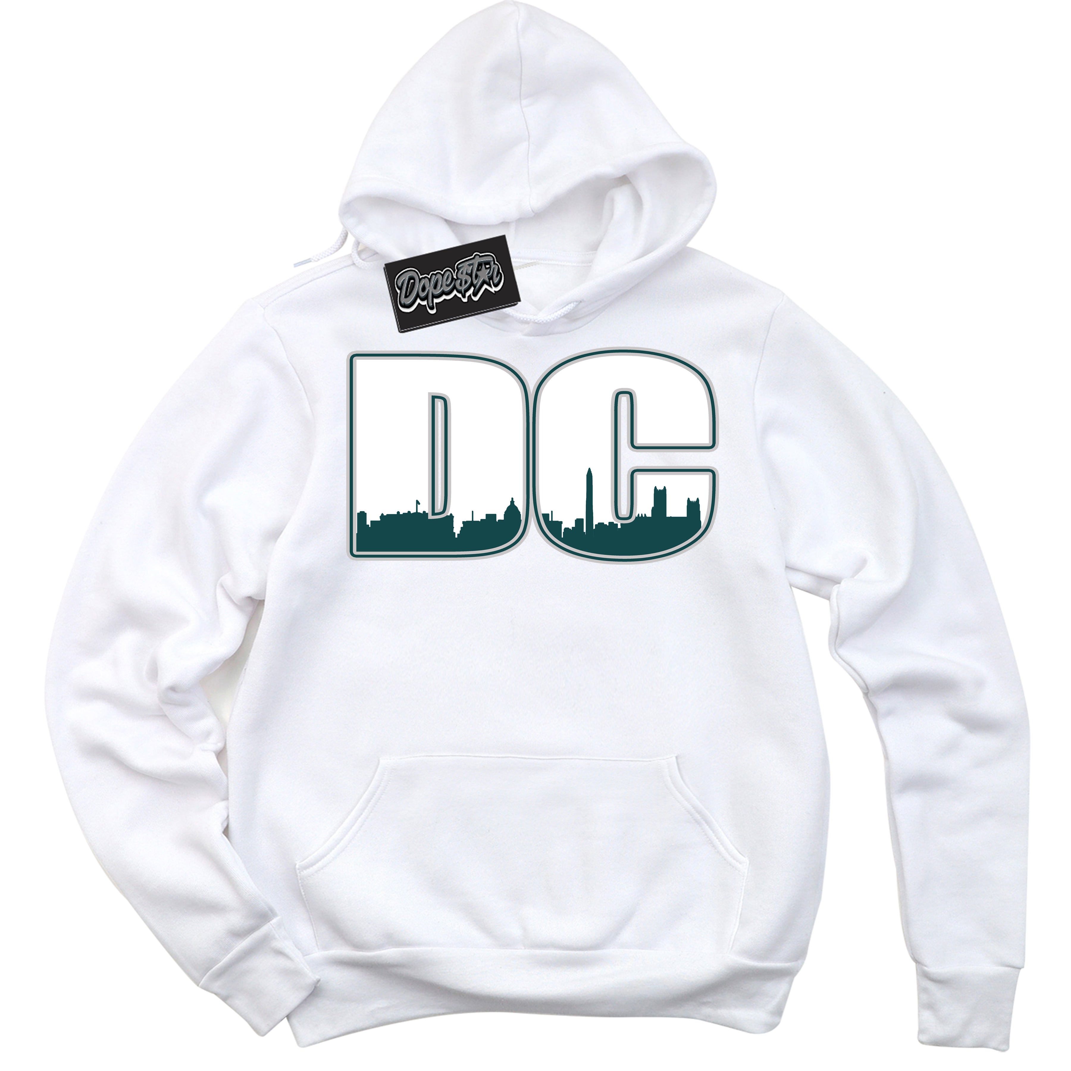 Cool White Hoodie with “DC” design that Perfectly Matches Oxidized Green 1s Jordans.