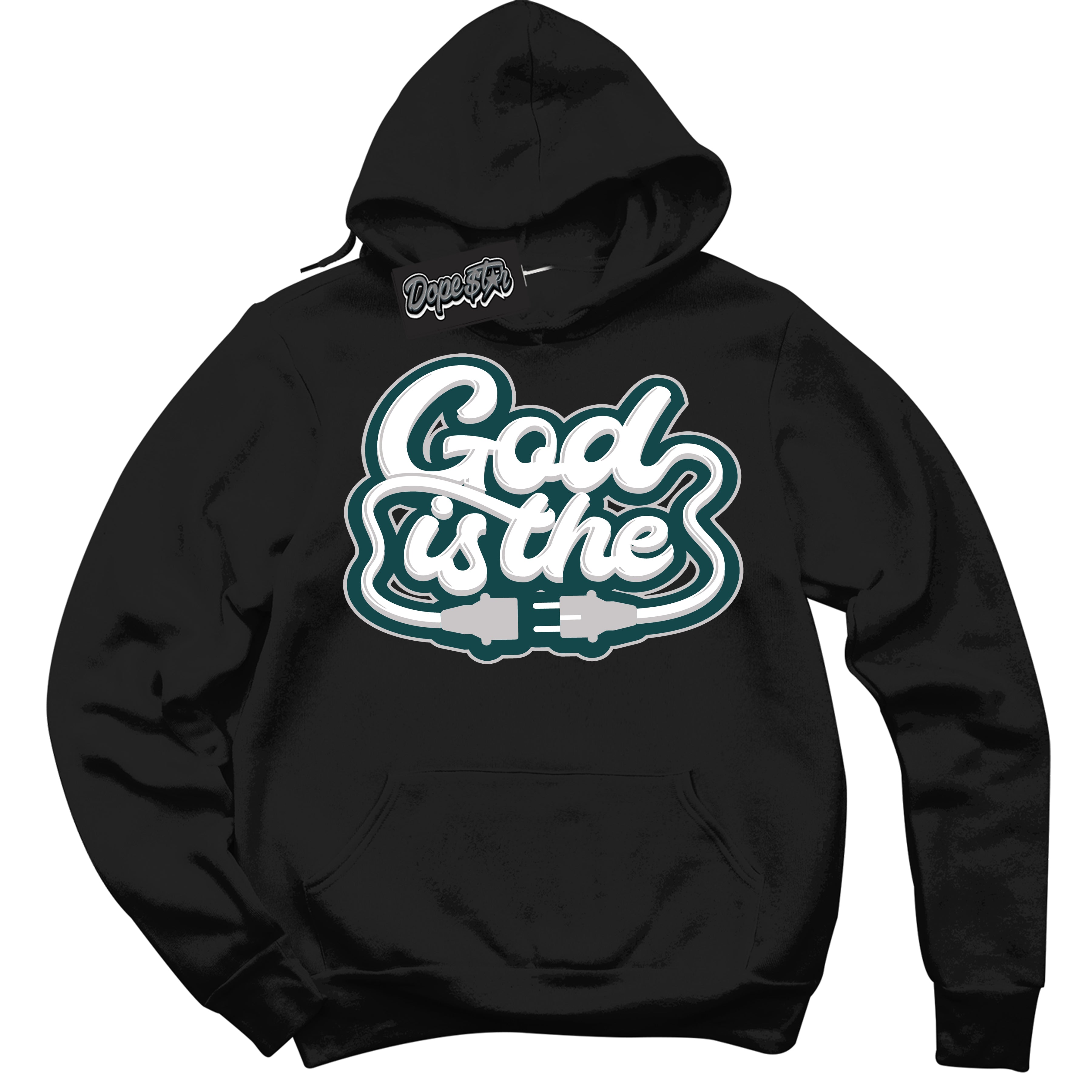 Cool Black Hoodie with “God Is The” design that Perfectly Matches Oxidized Green 1s Jordans.