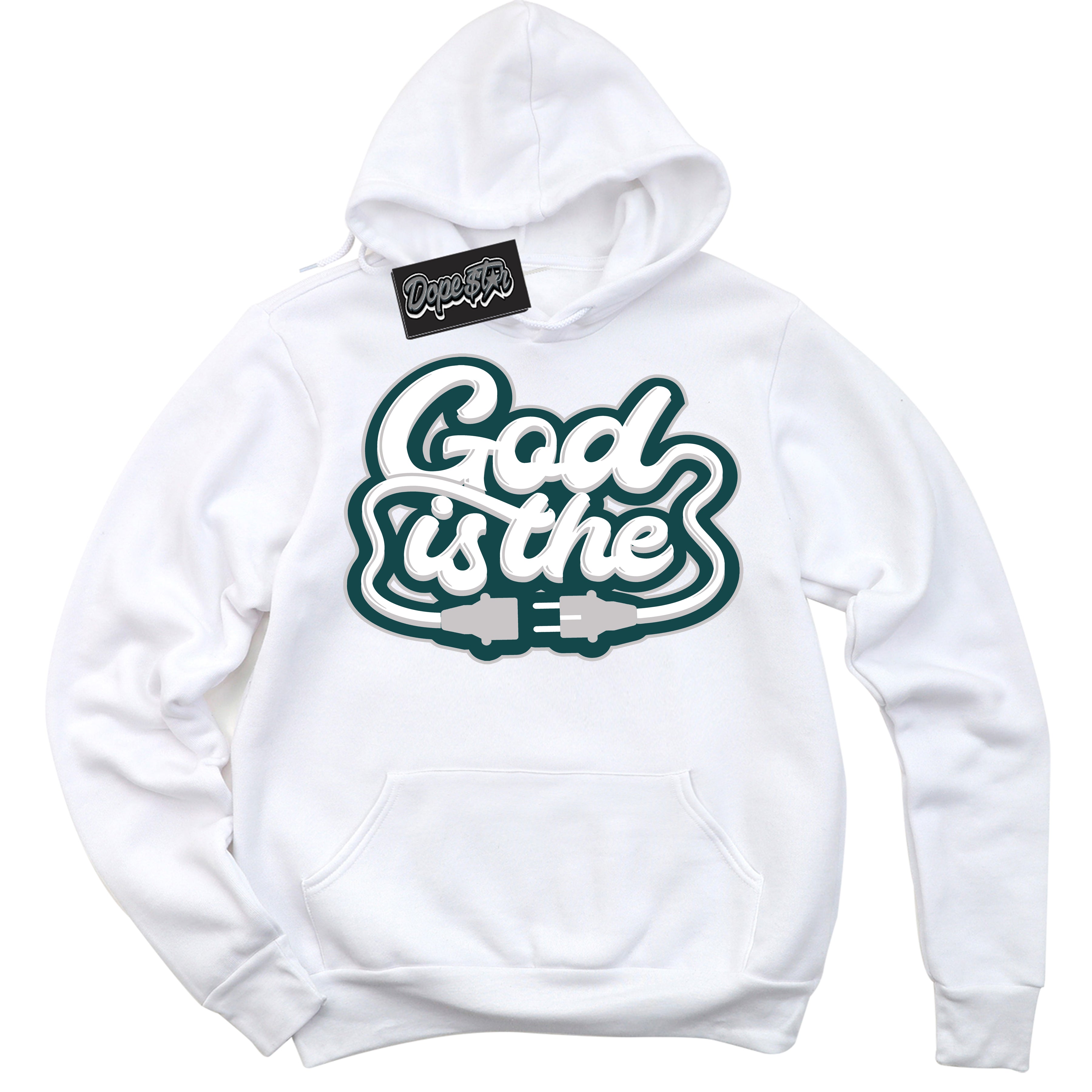 Cool White Hoodie with “God Is The” design that Perfectly Matches Oxidized Green 1s Jordans.