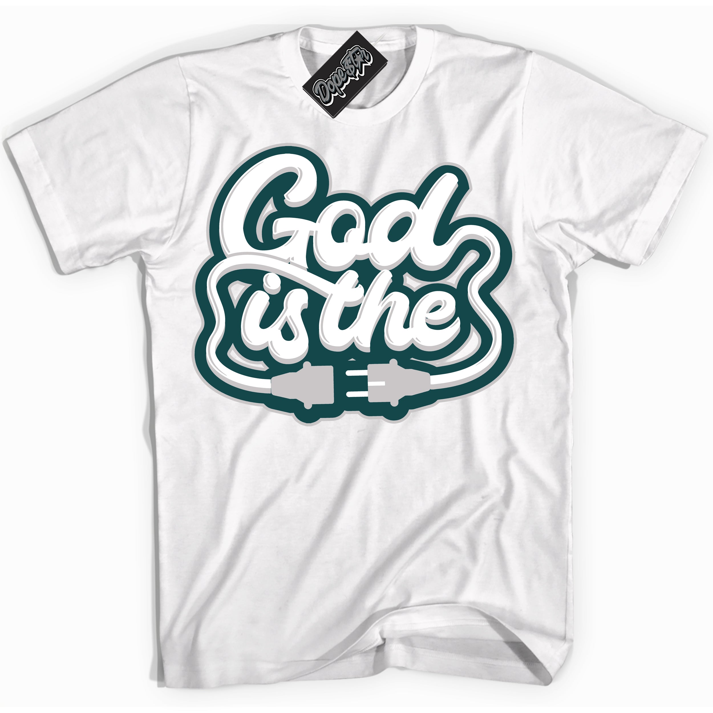 Cool White Shirt with “God Is The” design that perfectly matches the Oxidized Green 1s Jordans.