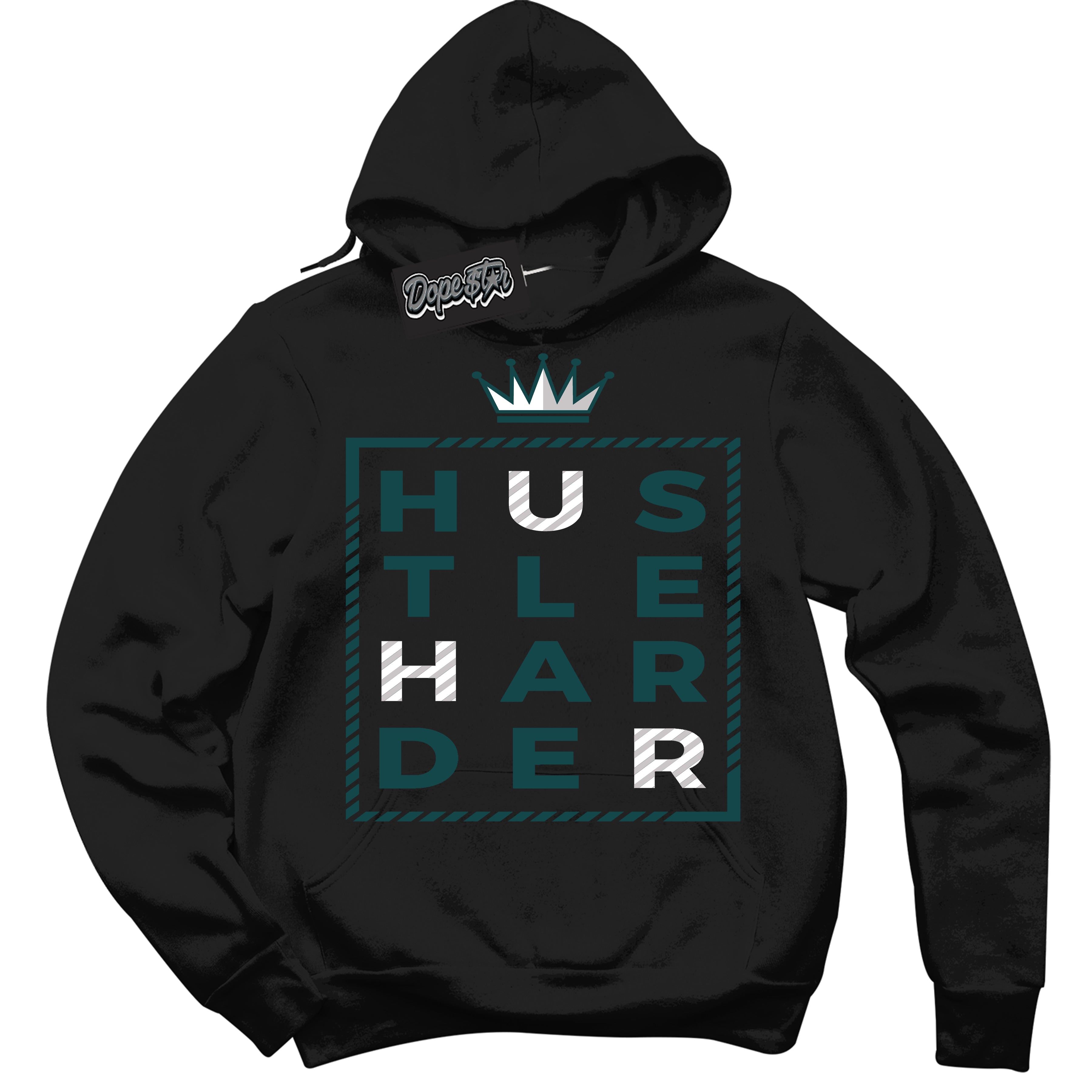 Cool Black Hoodie with “Hustle Harder” design that Perfectly Matches Oxidized Green 1s Jordans.