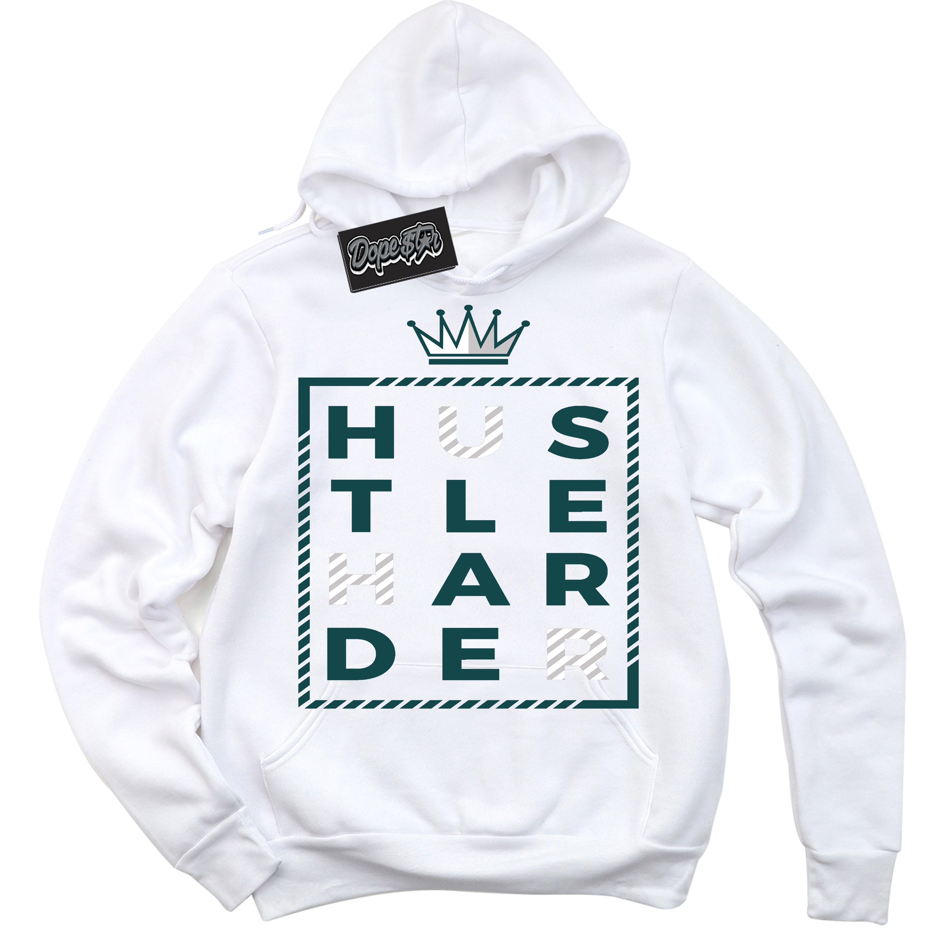 Cool White Hoodie with “Hustle Harder” design that Perfectly Matches Oxidized Green 1s Jordans.