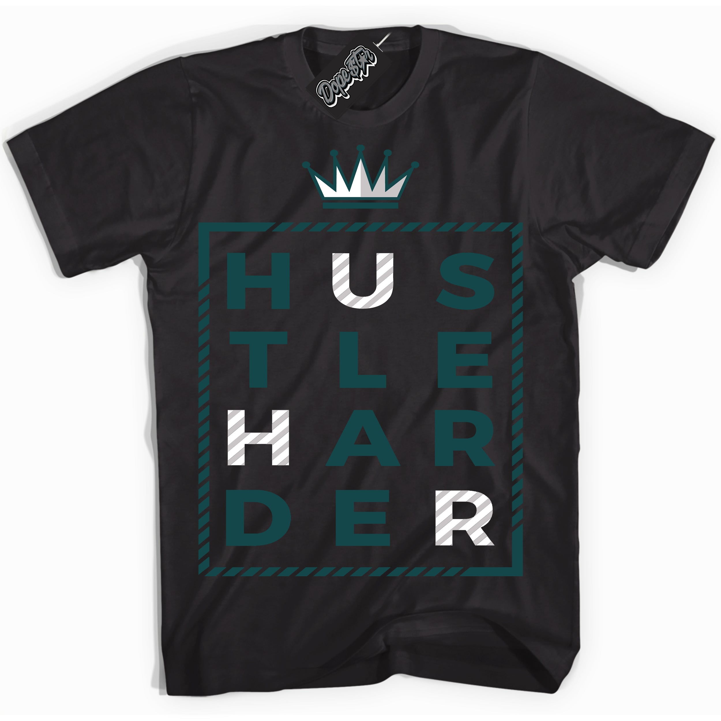 Cool Black Shirt with “Hustle Harder” design that perfectly matches the Oxidized Green 1s Jordans.