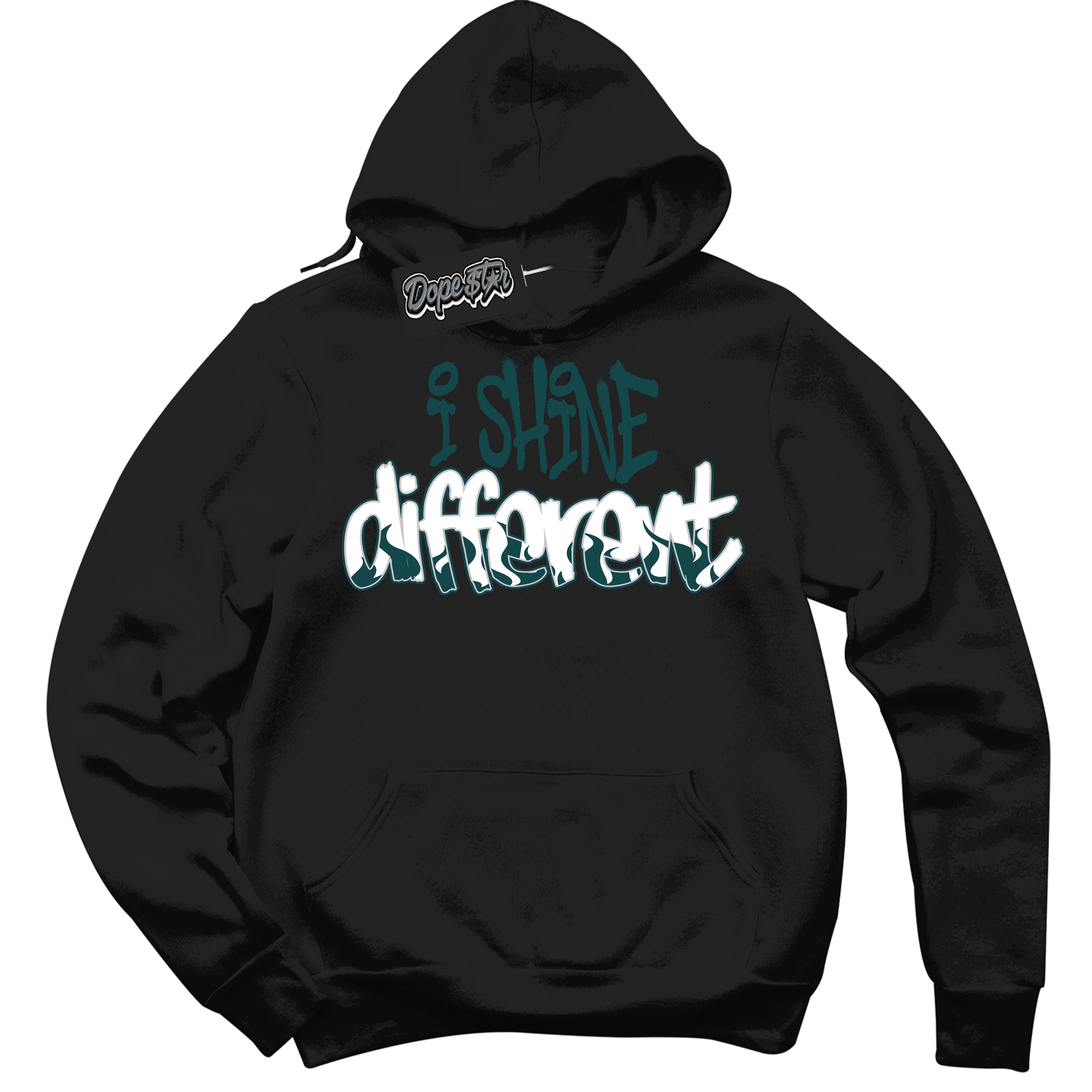 Cool Black Hoodie with “I Shine Different” design that Perfectly Matches Oxidized Green 1s Jordans.