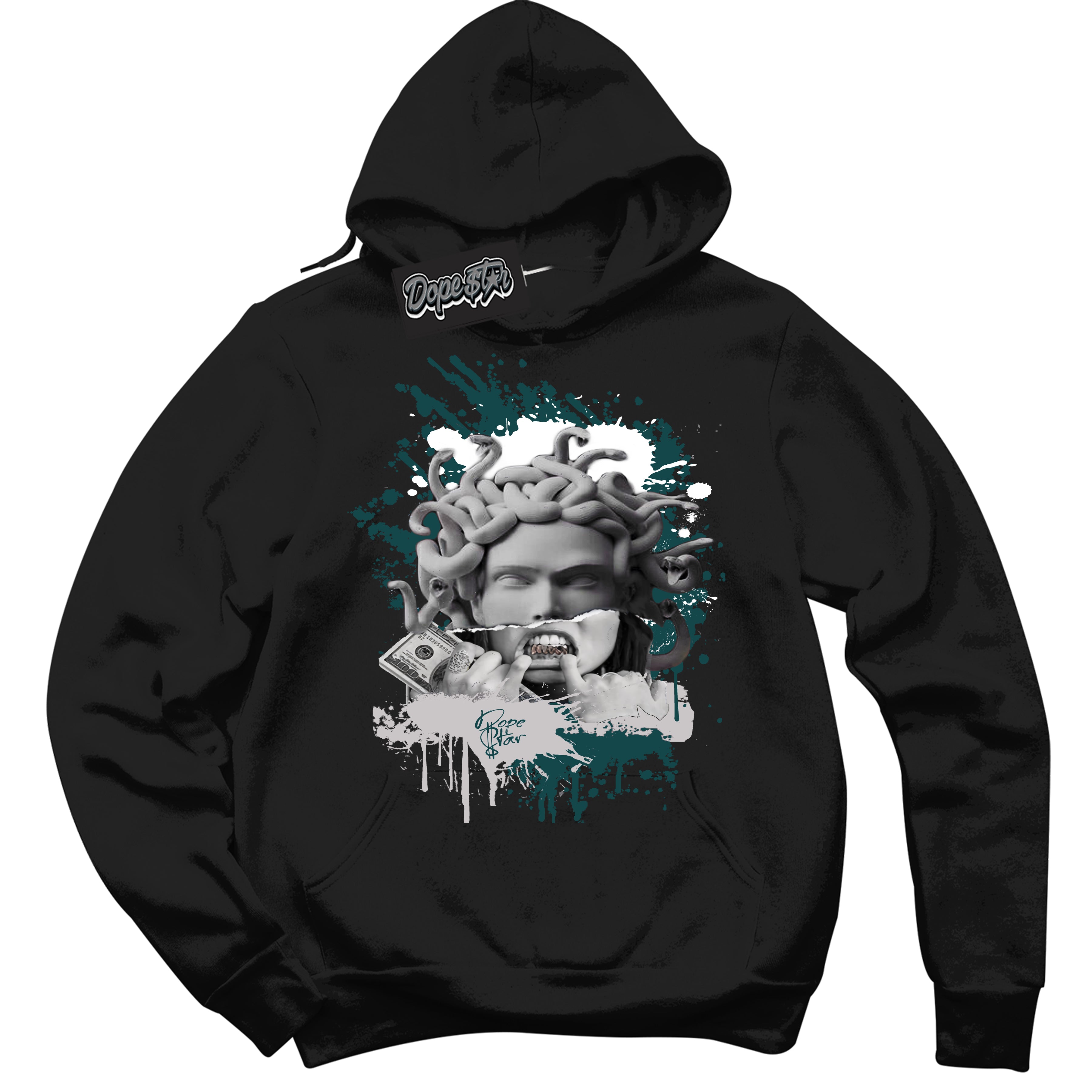 Cool Black Hoodie with “Medusa” design that Perfectly Matches Oxidized Green 1s Jordans.