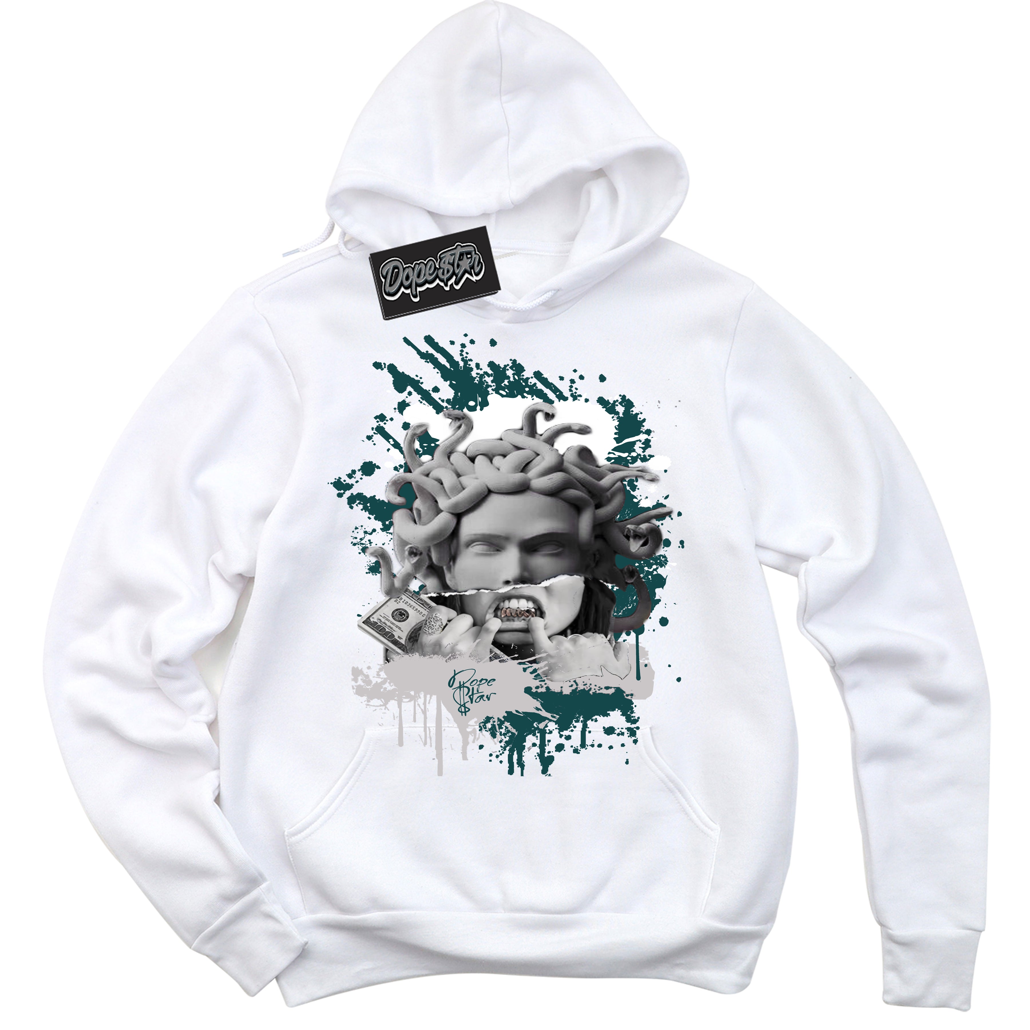 Cool White Hoodie with “Medusa” design that Perfectly Matches Oxidized Green 1s Jordans.