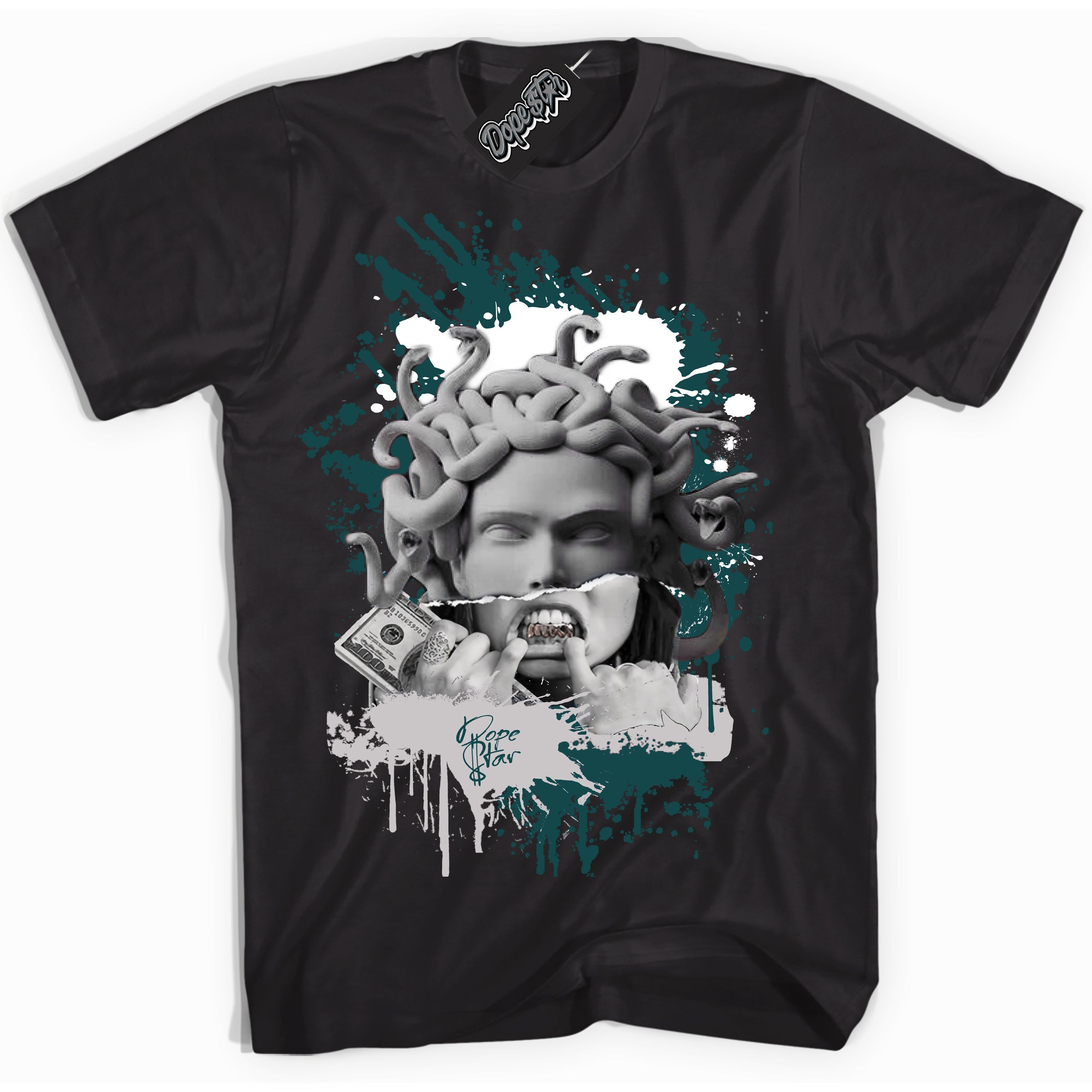 Cool Black Shirt with “Medusa” design that perfectly matches the Oxidized Green 1s Jordans.