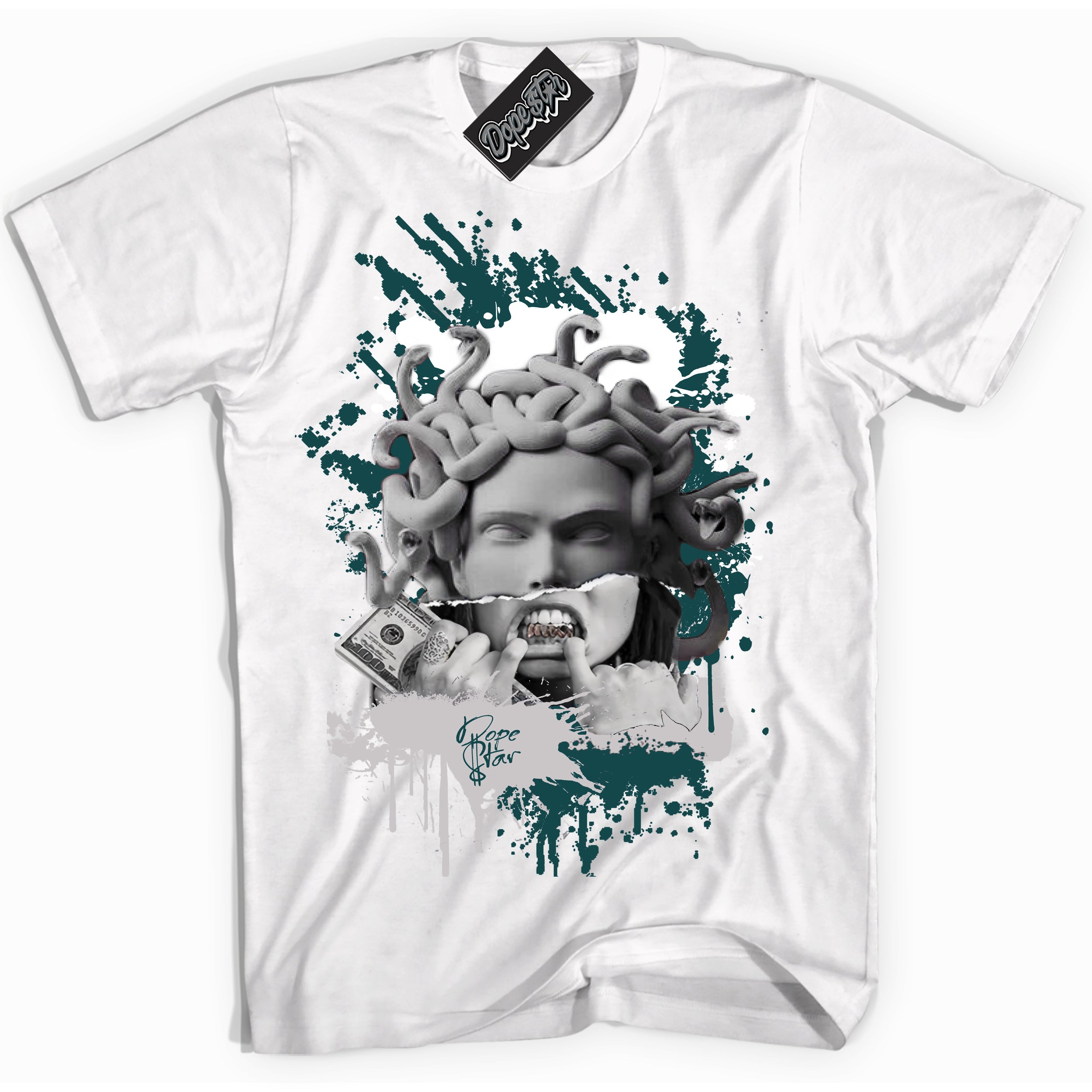 Cool White Shirt with “Medusa” design that perfectly matches the Oxidized Green 1s Jordans.