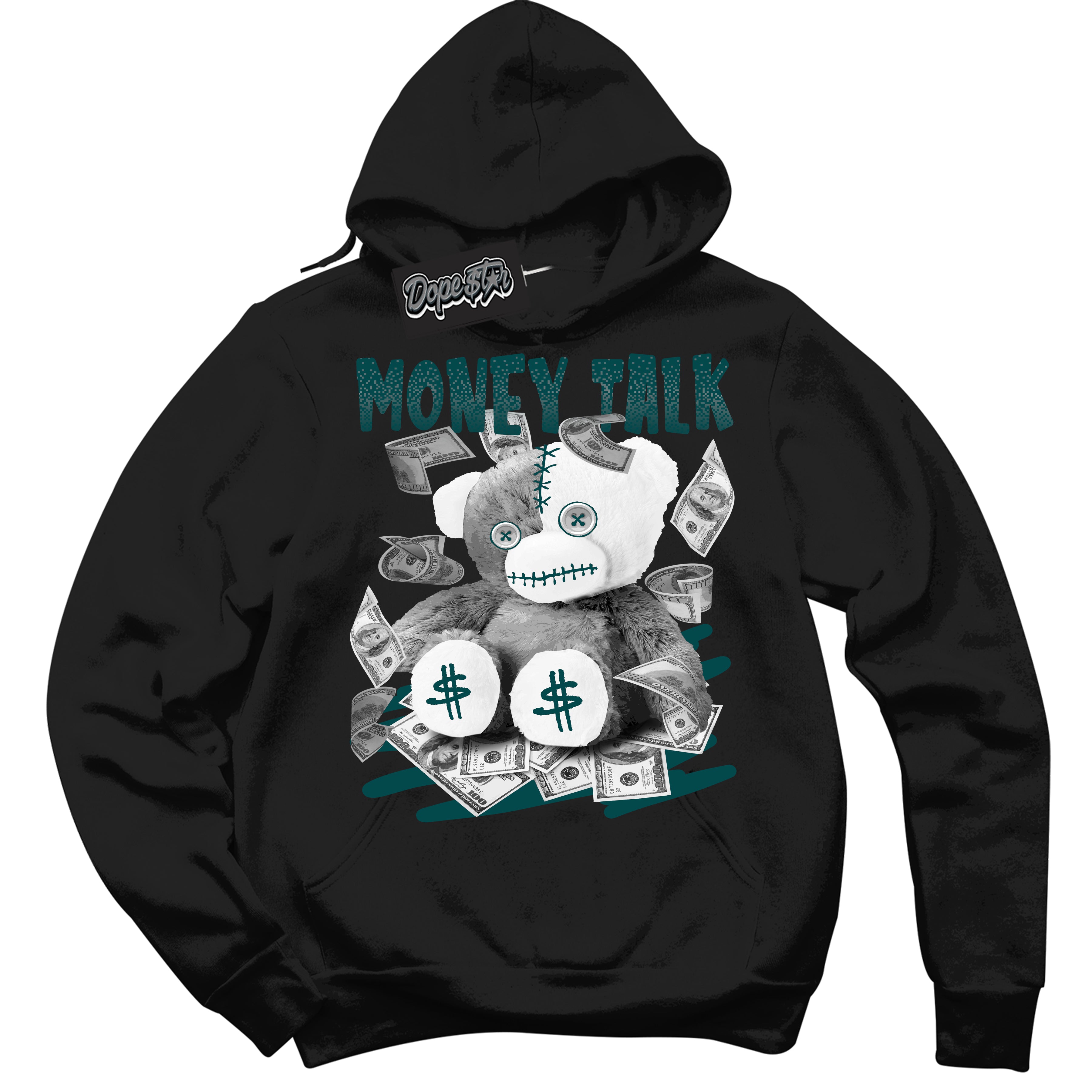 Cool Black Hoodie with “Money Talk Bear” design that Perfectly Matches Oxidized Green 1s Jordans.