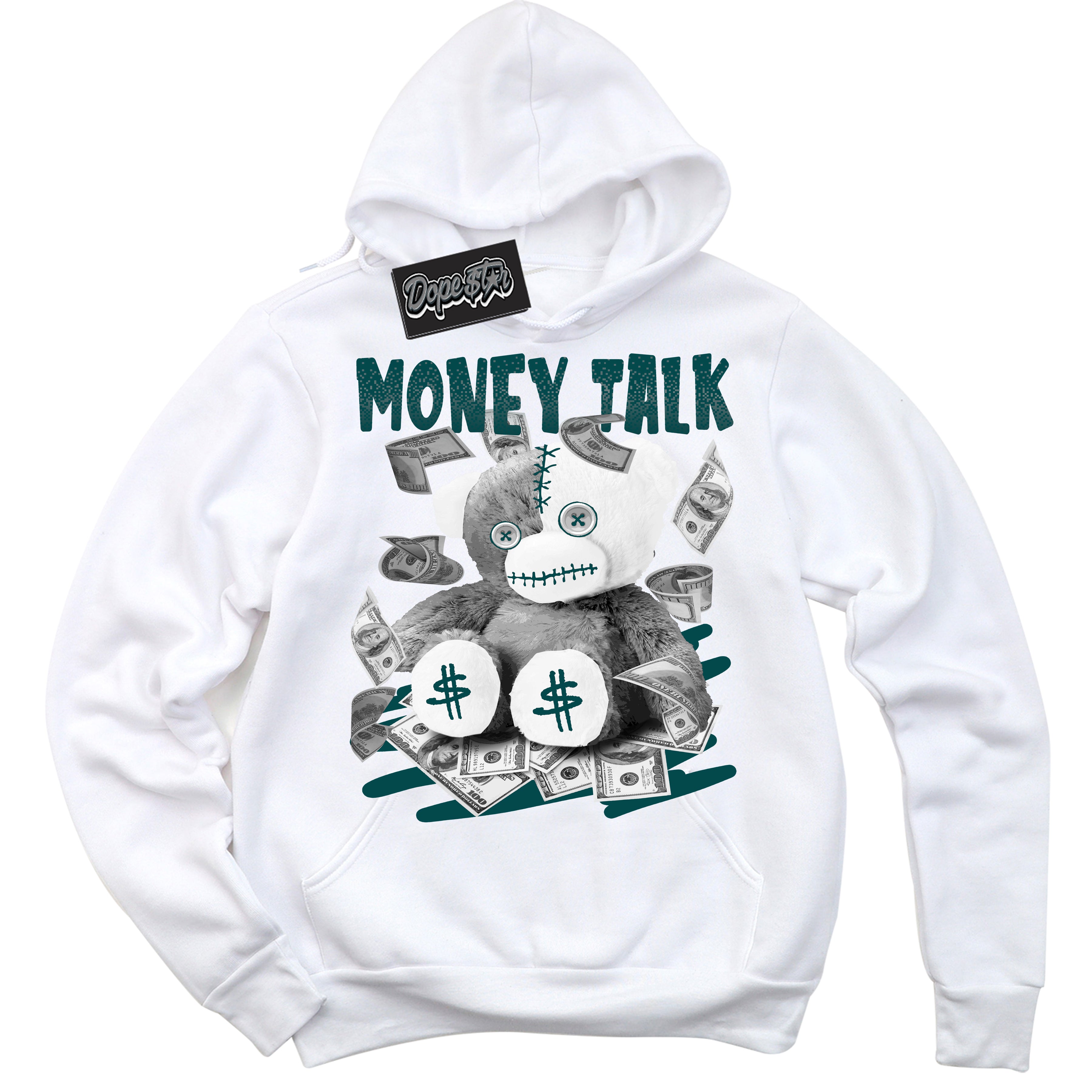 Cool White Hoodie with “Money Talk Bear” design that Perfectly Matches Oxidized Green 1s Jordans.