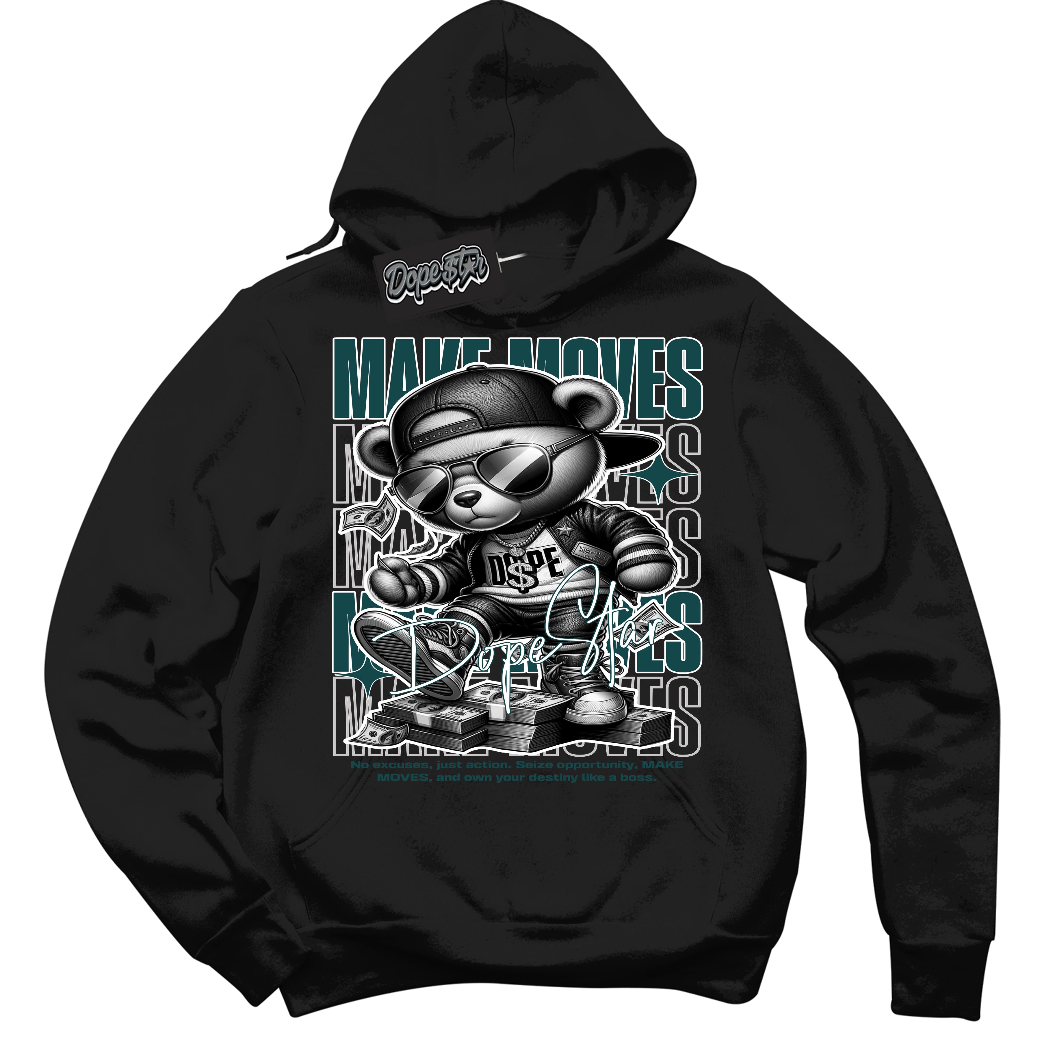 Cool Black Hoodie with “Make Moves” design that Perfectly Matches Oxidized Green 1s Jordans.