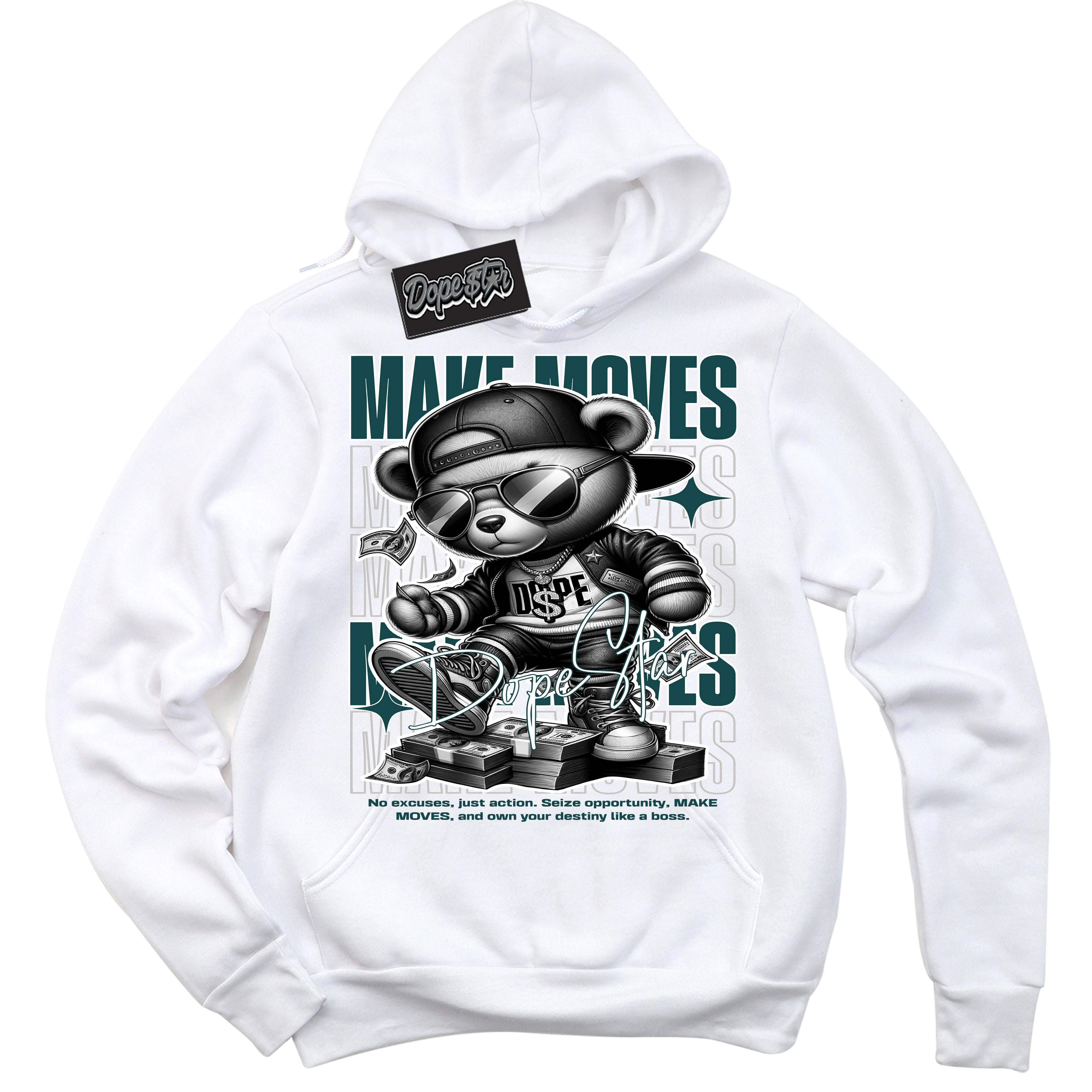 Cool White Hoodie with “Make Moves” design that Perfectly Matches Oxidized Green 1s Jordans.