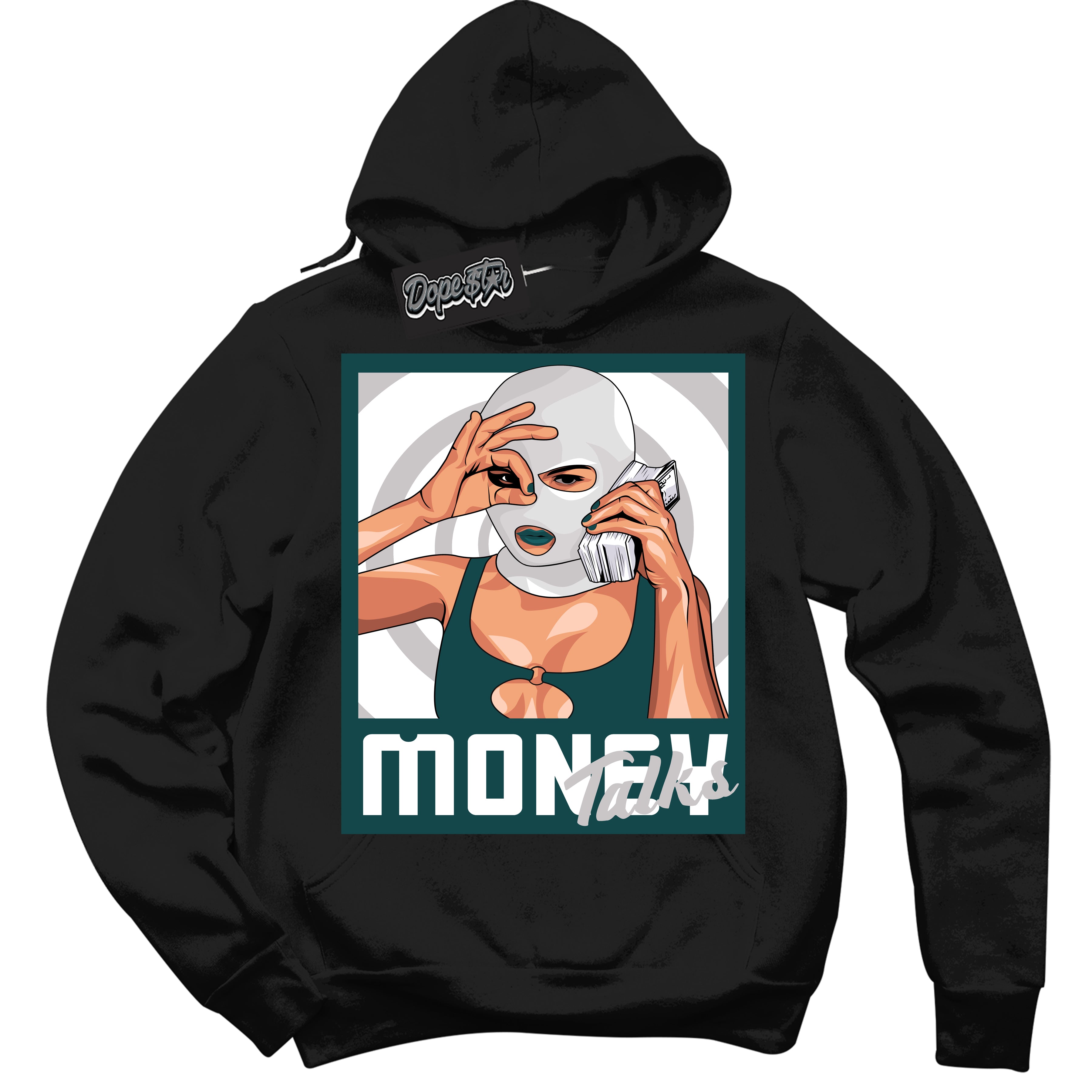 Cool Black Hoodie with “Money Talks” design that Perfectly Matches Oxidized Green 1s Jordans.