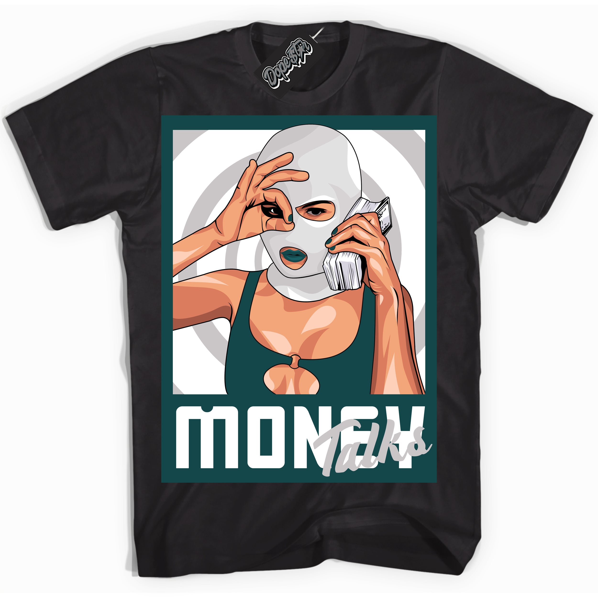 Cool Black Shirt with “Money Talks” design that perfectly matches the Oxidized Green 1s Jordans.