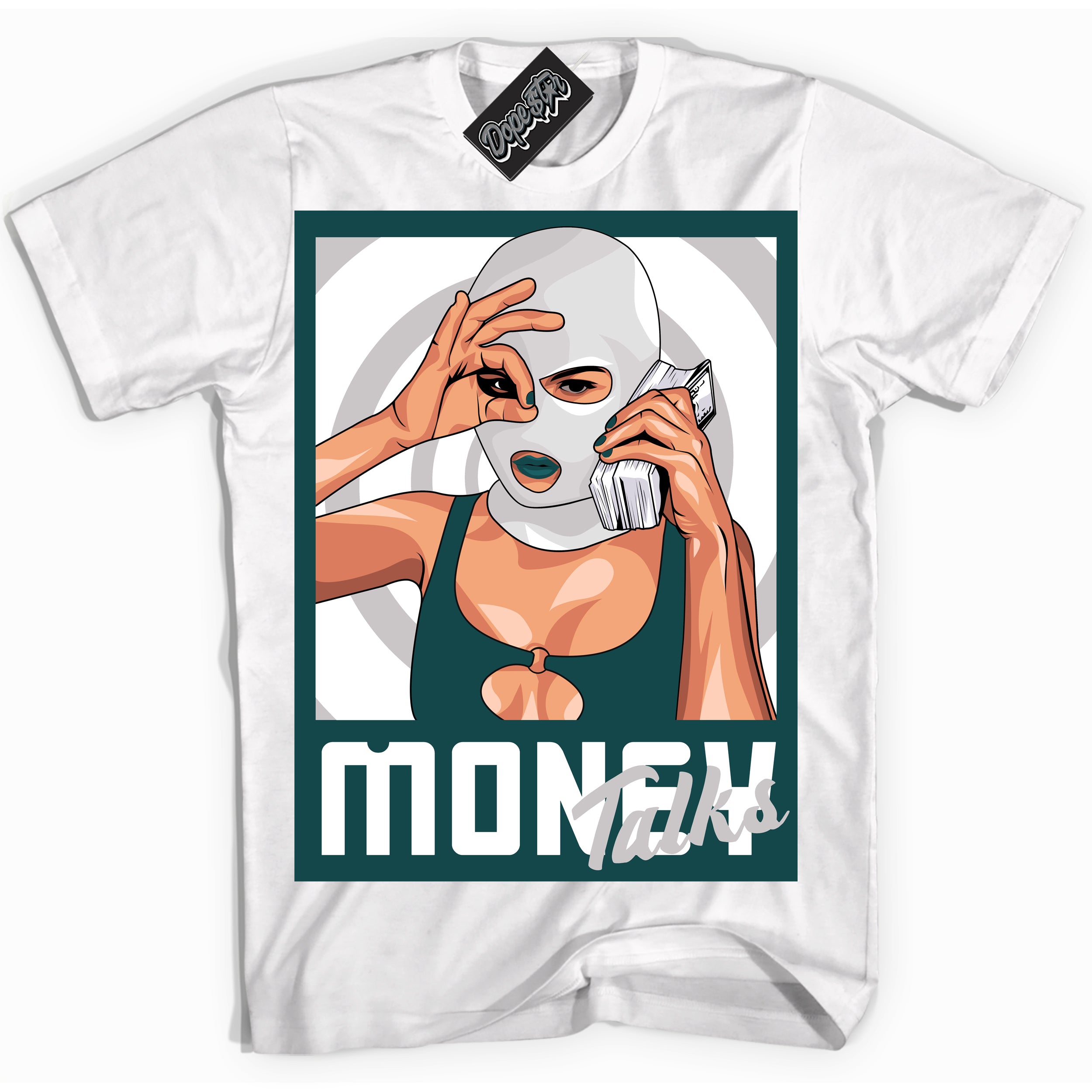 Cool White Shirt with “Money Talks” design that perfectly matches the Oxidized Green 1s Jordans.