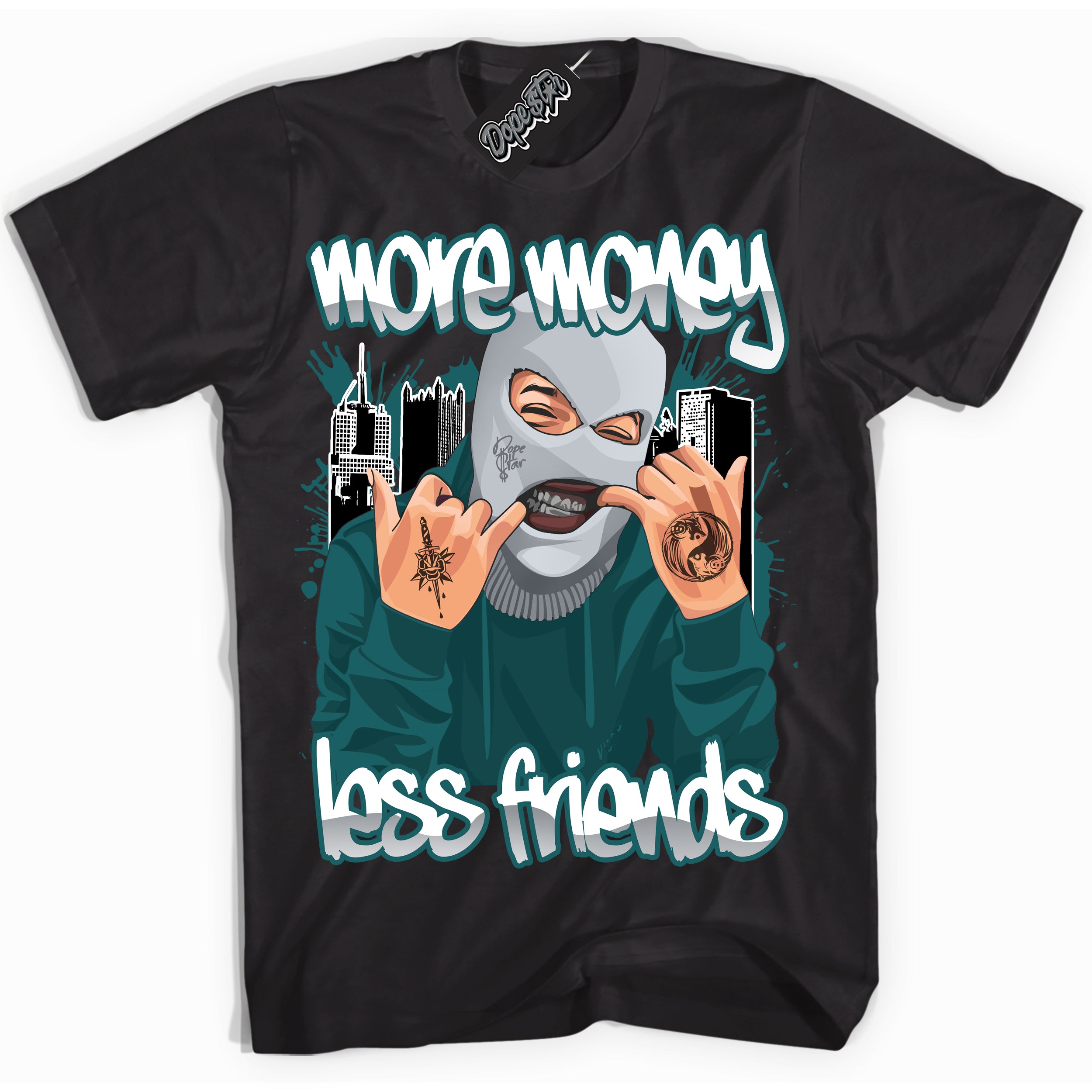 Cool Black Shirt with “More Money Less Friends” design that perfectly matches the Oxidized Green 1s Jordans.