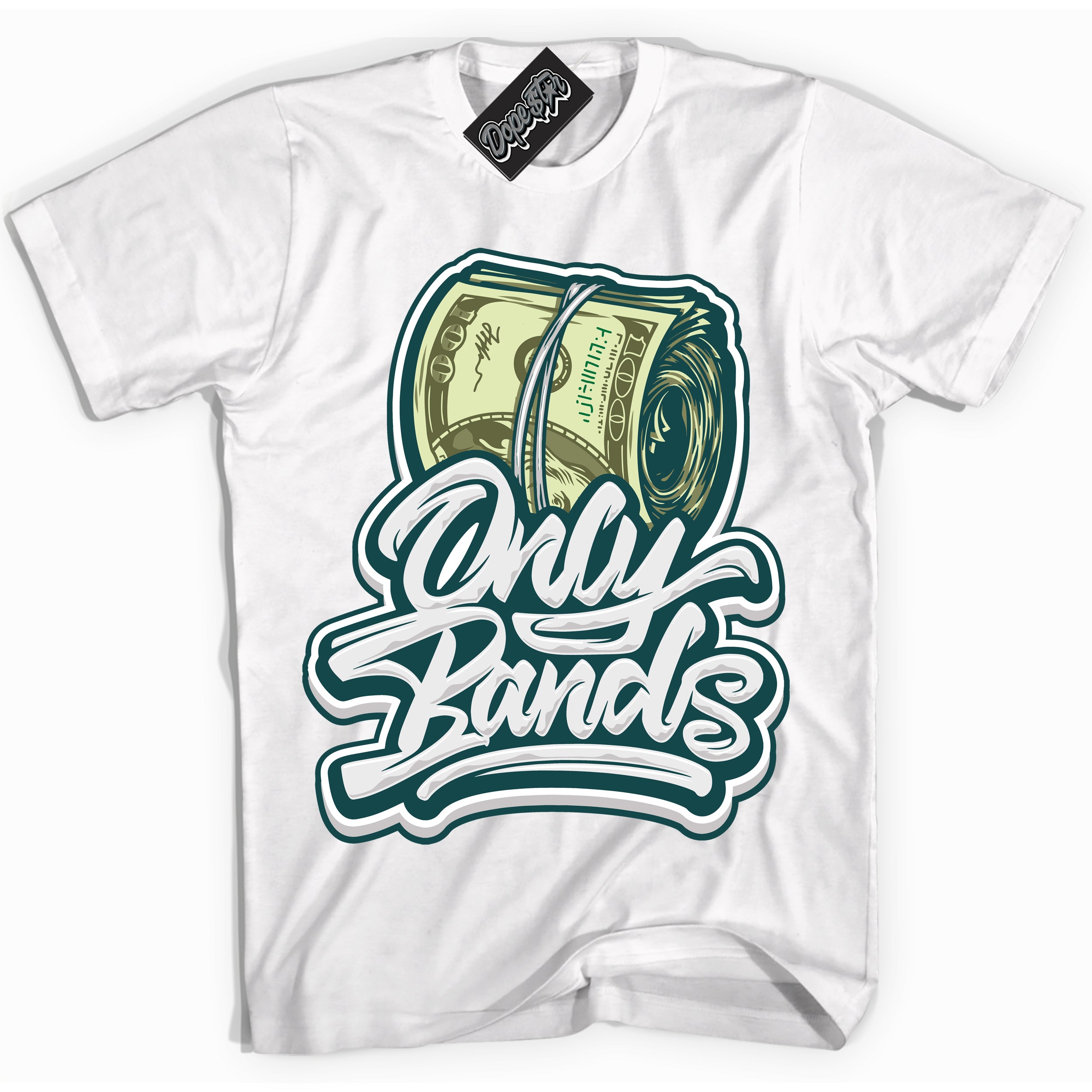 Cool White Shirt with “Only Bands” design that perfectly matches the Oxidized Green 1s Jordans.