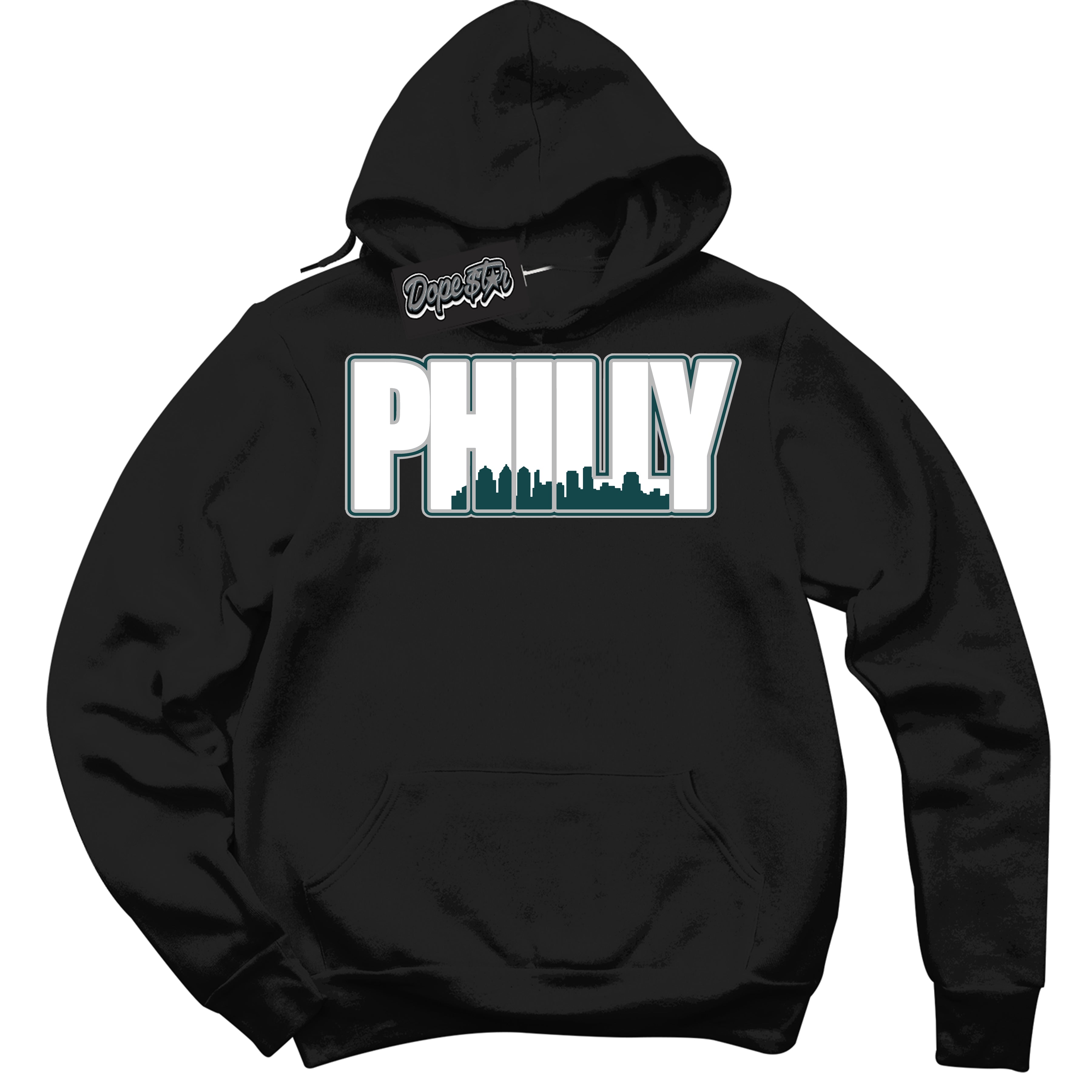 Cool Black Hoodie with “Philly” design that Perfectly Matches Oxidized Green 1s Jordans.