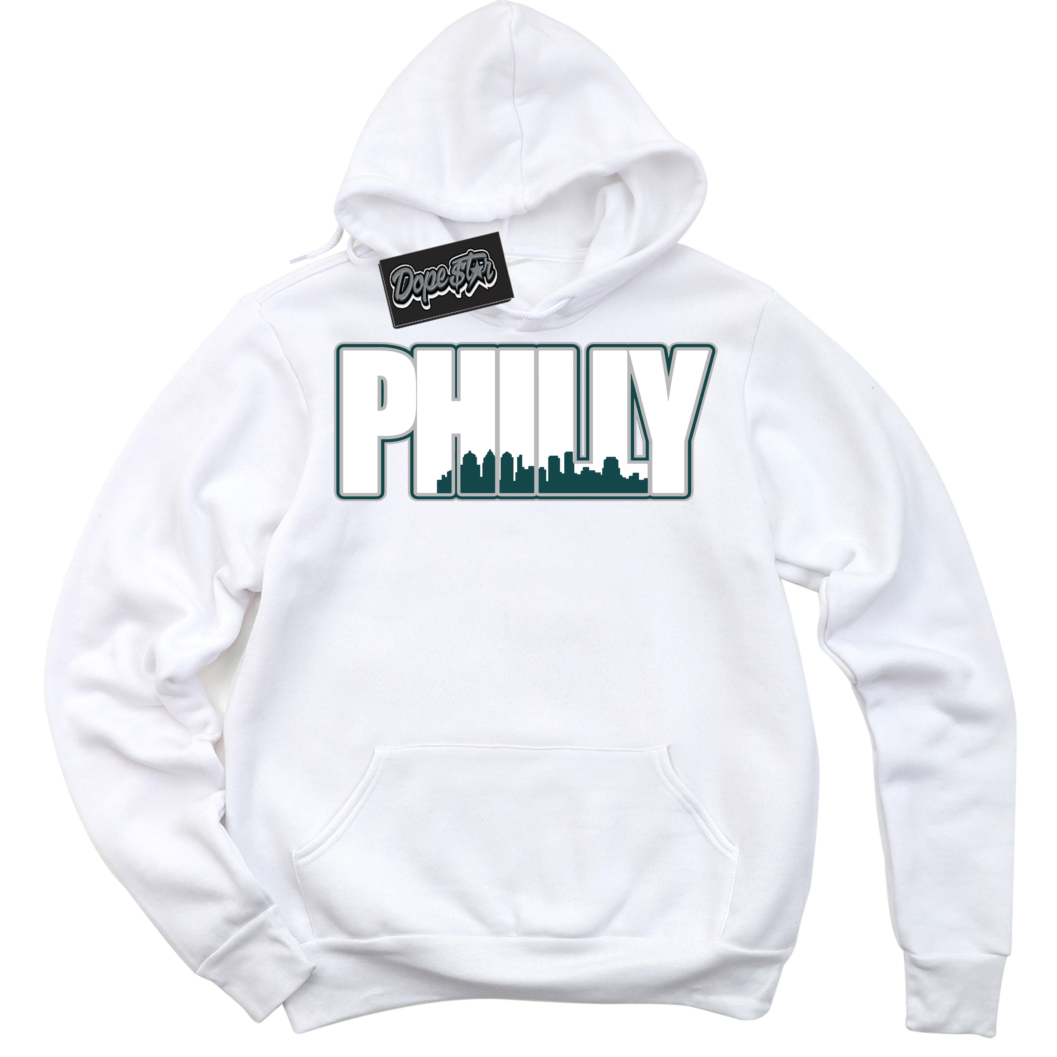 Cool White Hoodie with “Philly” design that Perfectly Matches Oxidized Green 1s Jordans.